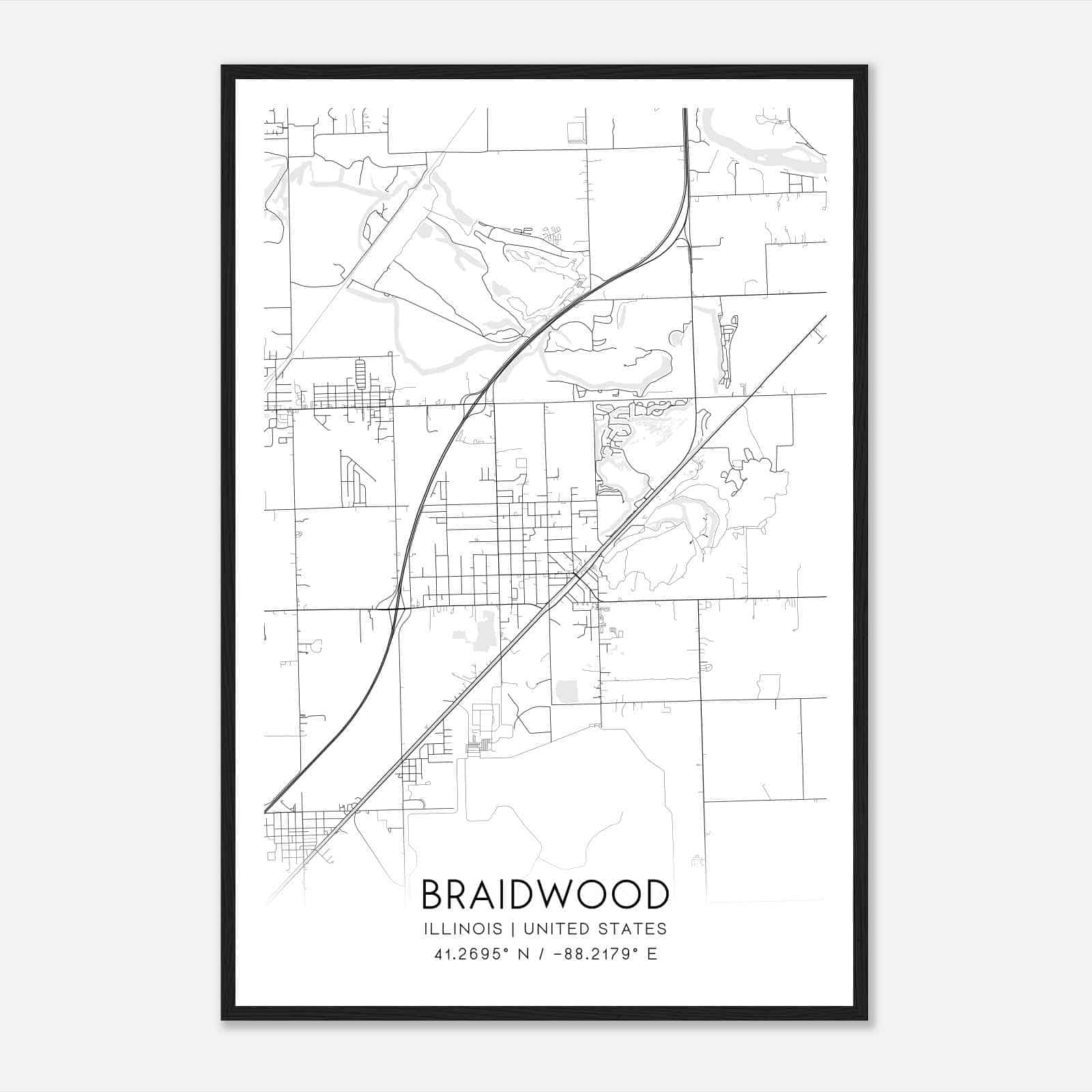 Braidwood Illinois Map Poster, Modern Home Decor Wall Art Print