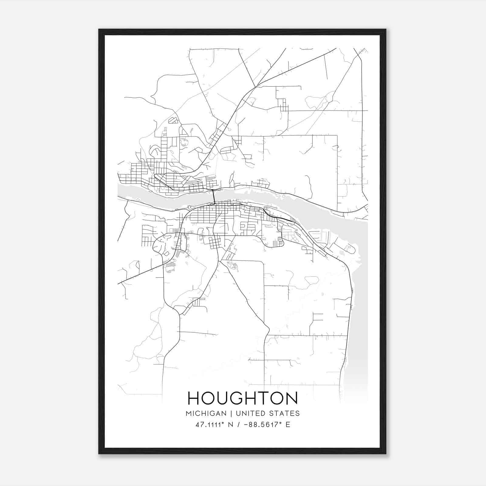 Houghton Michigan Map Poster, Modern Home Decor Wall Art Print