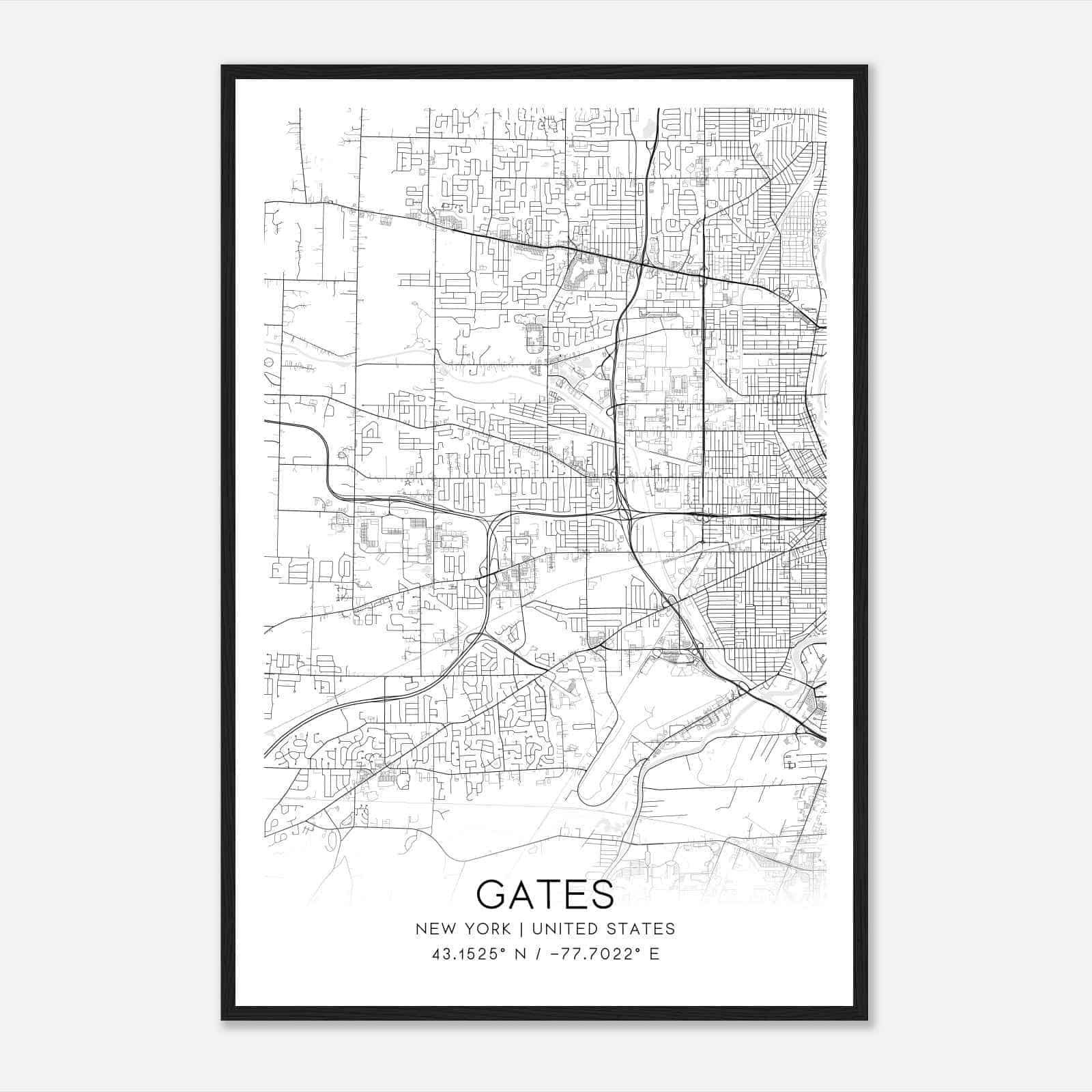 Gates New York Map Poster, Modern Home Decor Wall Art Print