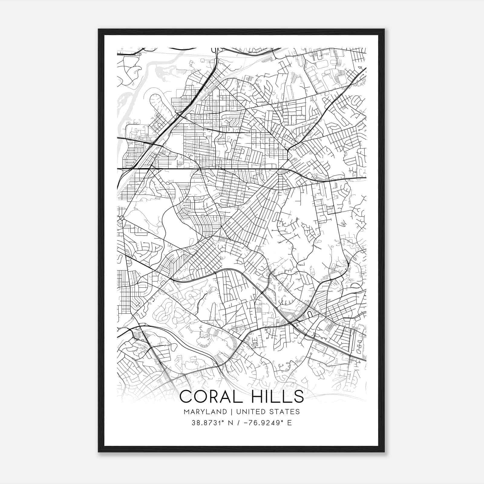 Coral Hills Maryland Map Poster, Modern Home Decor Wall Art Print