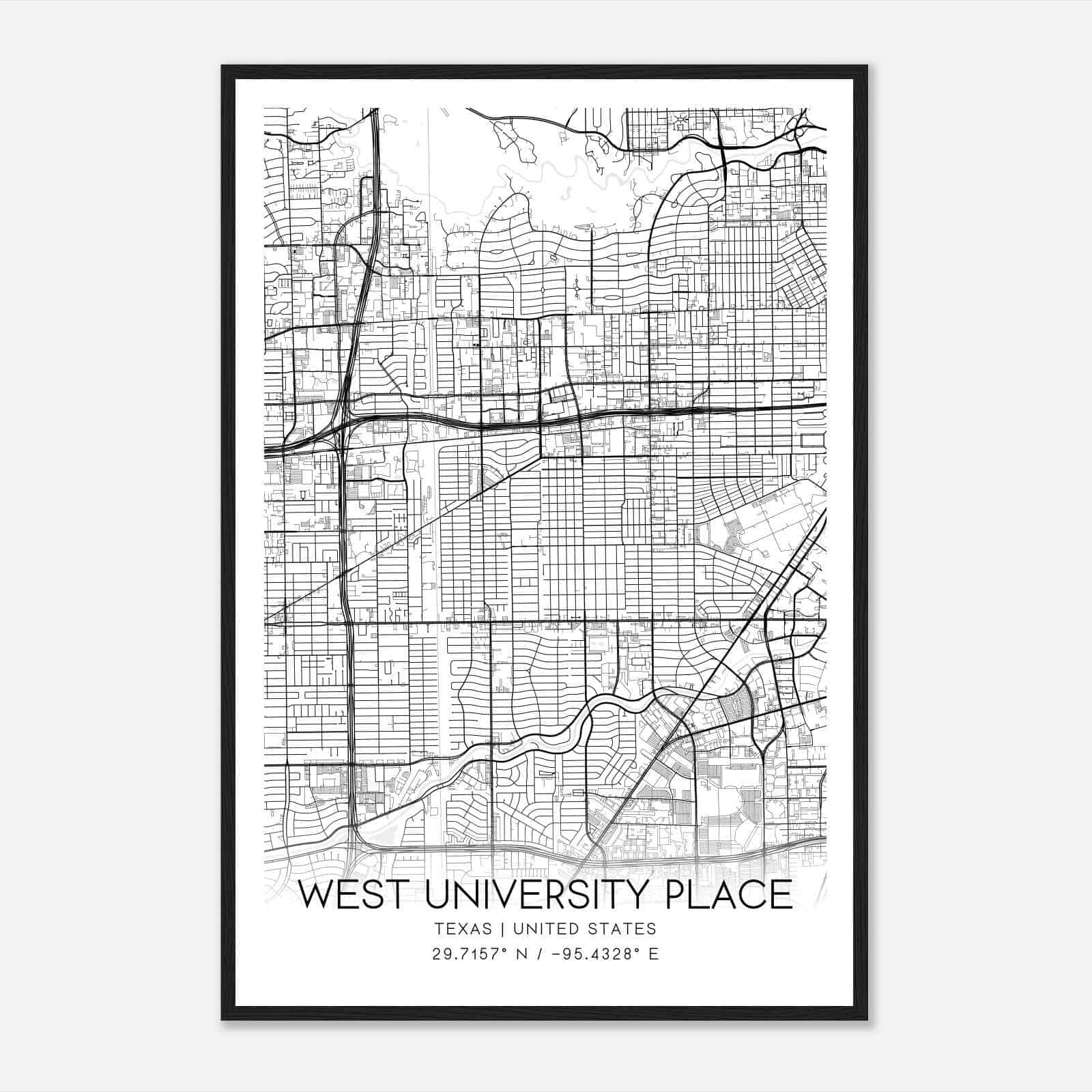 West University Place Texas Map Poster, Modern Home Decor Wall Art Print