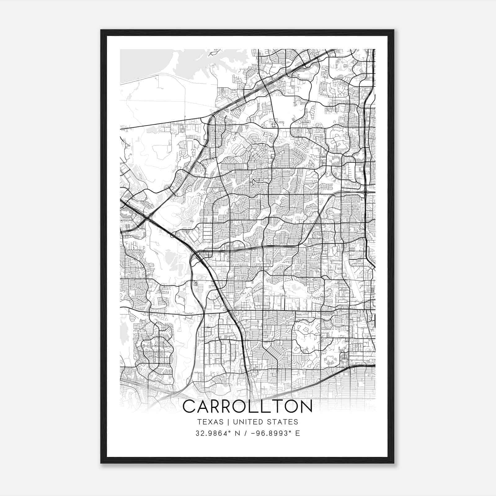 Carrollton Texas Map Poster, Modern Home Decor Wall Art Print
