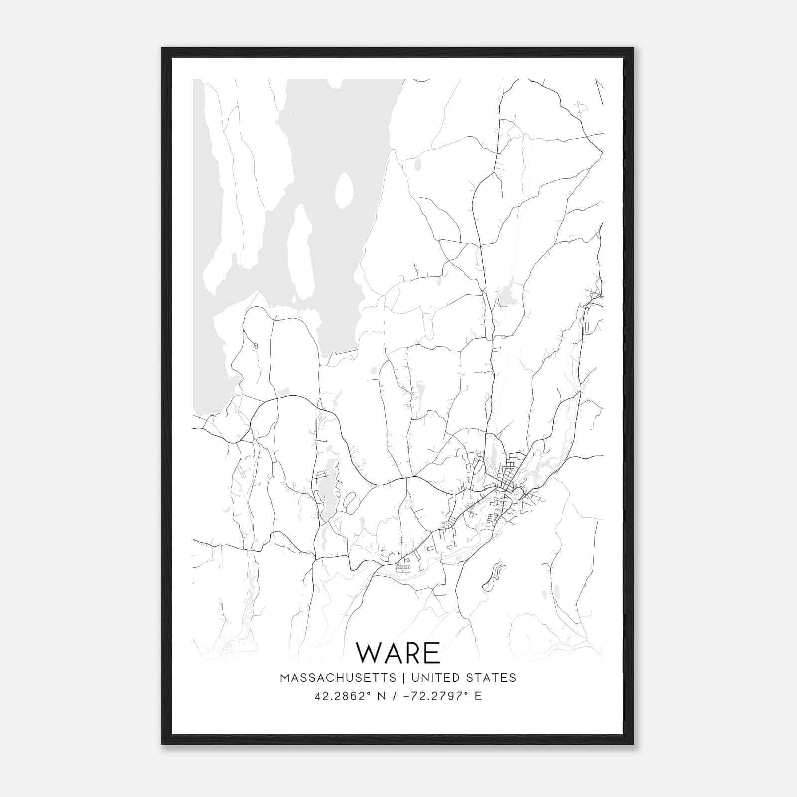 Ware Massachusetts Map Poster, Modern Home Decor Wall Art Print