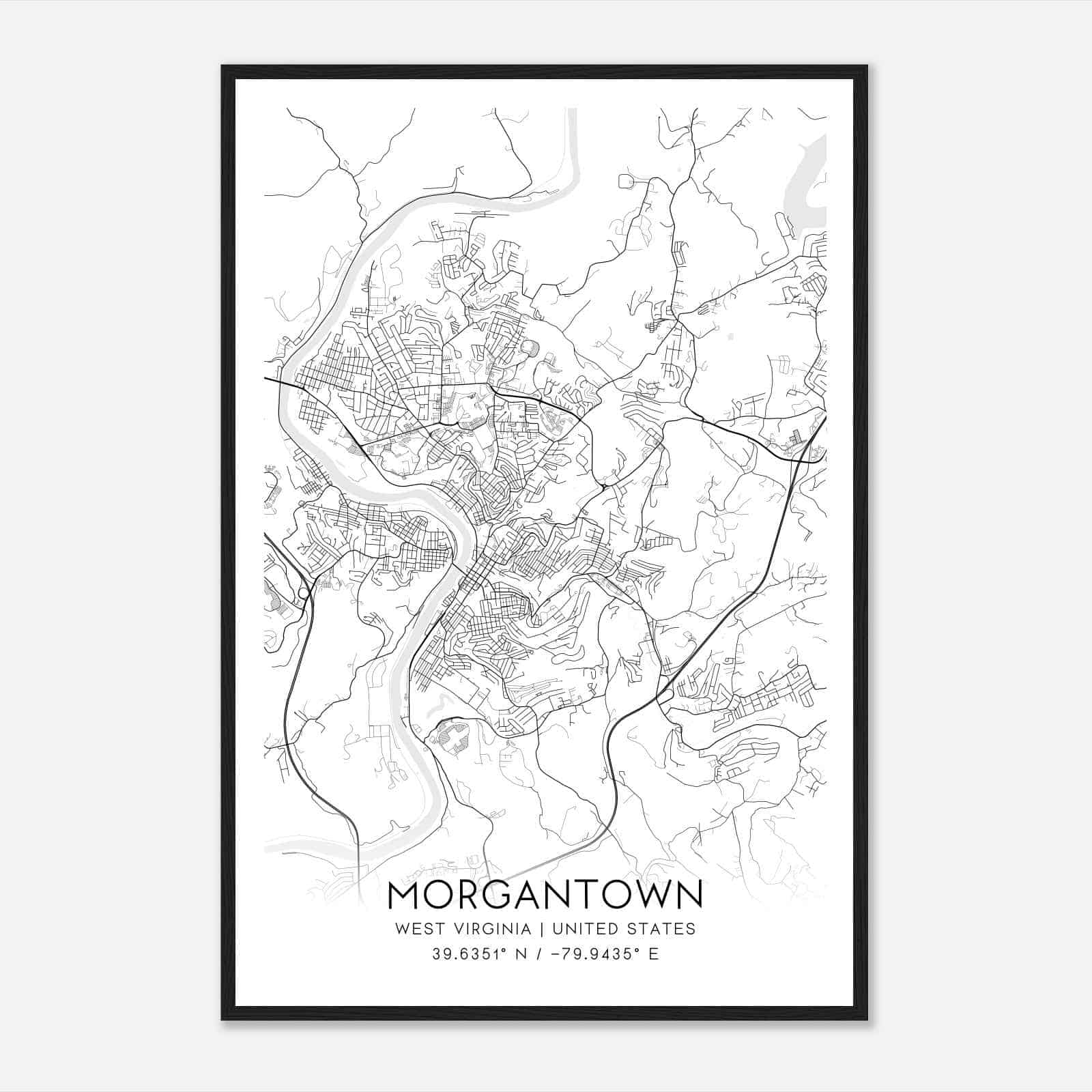 Morgantown West Virginia Map Poster, Modern Home Decor Wall Art Print
