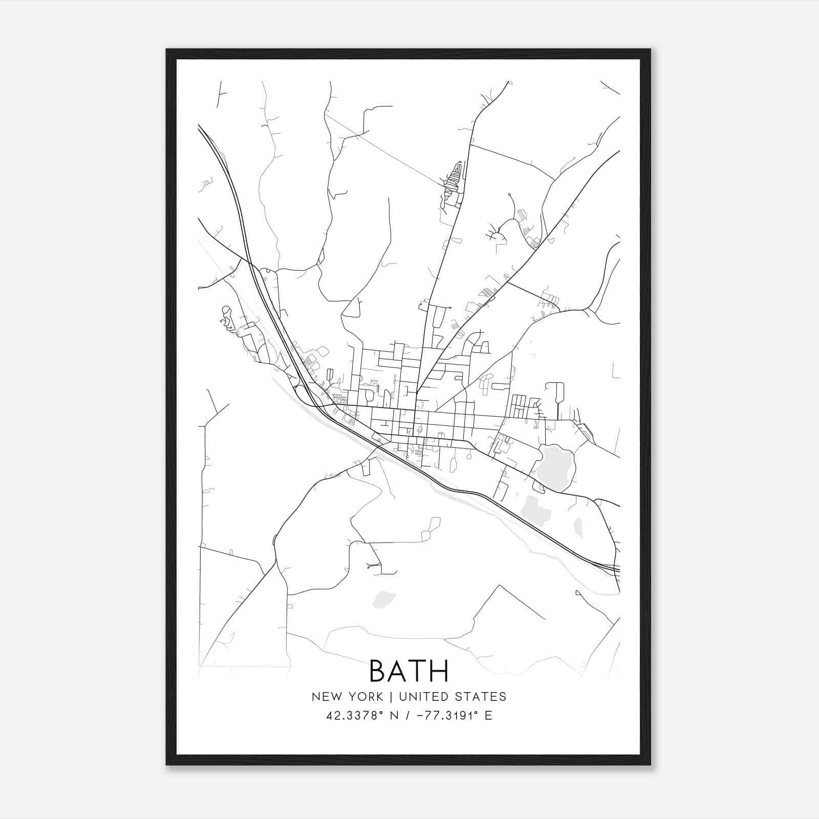 Bath New York Map Poster, Modern Home Decor Wall Art Print