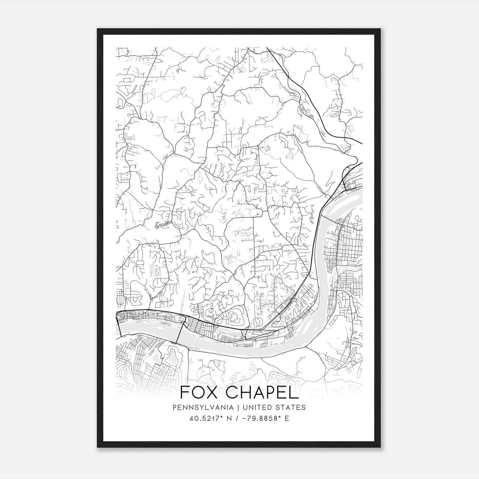Fox Chapel Pennsylvania Map Poster, Modern Home Decor Wall Art Print