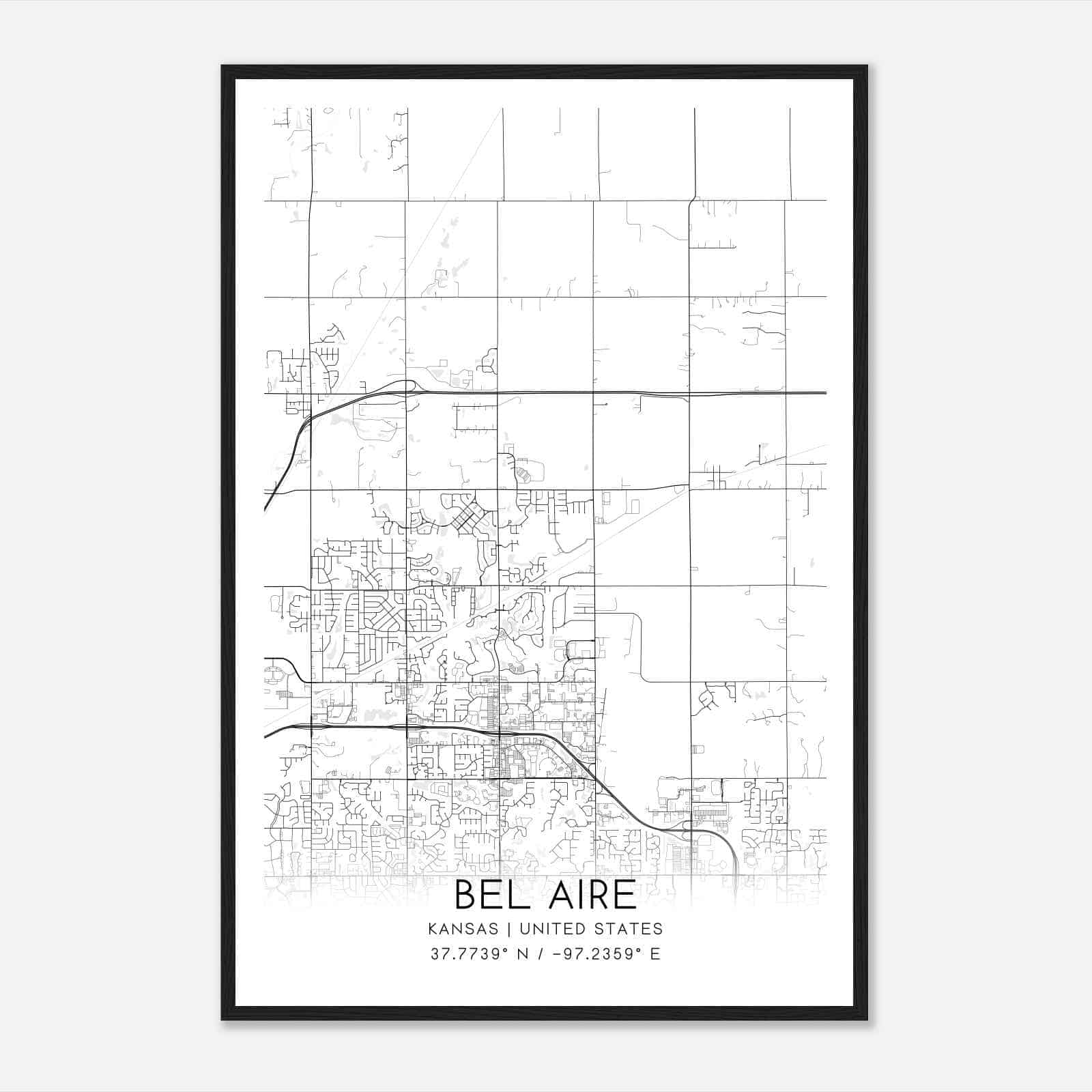 Bel Aire Kansas Map Poster, Modern Home Decor Wall Art Print