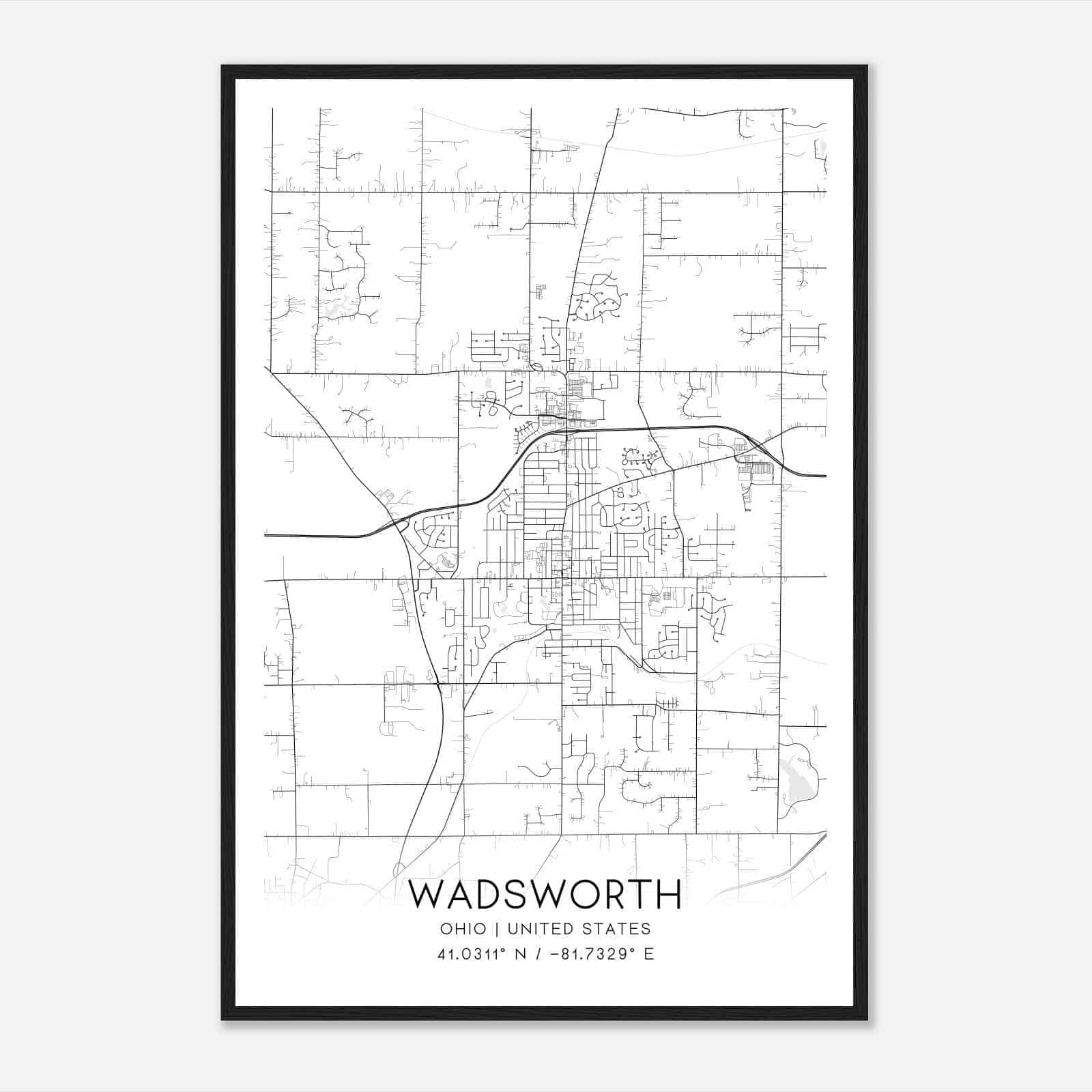 Wadsworth Ohio Map Poster, Modern Home Decor Wall Art Print