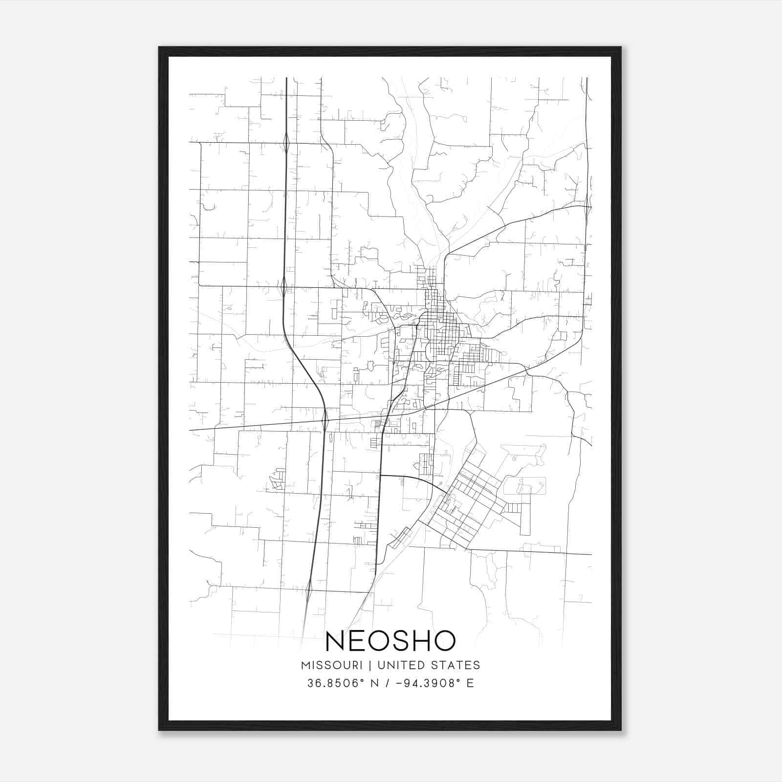 Neosho Missouri Map Poster, Modern Home Decor Wall Art Print