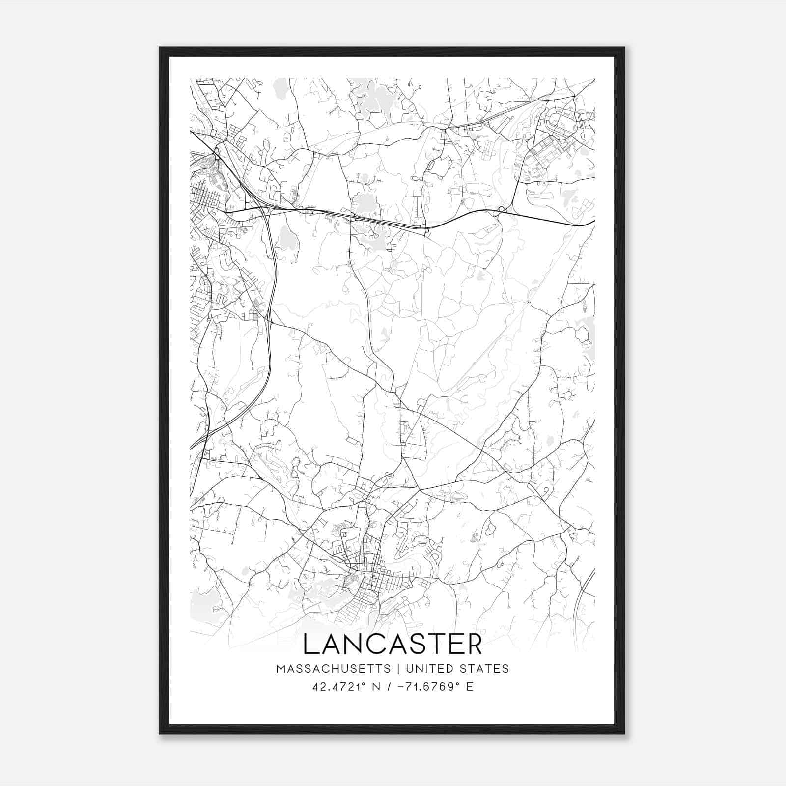 Lancaster Massachusetts Map Poster, Modern Home Decor Wall Art Print