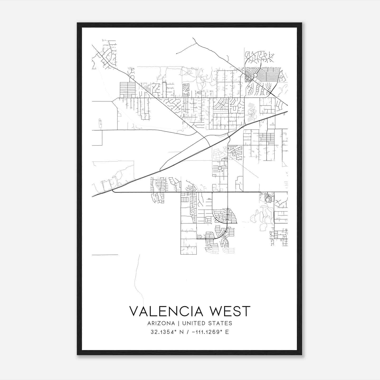 Valencia West Arizona Map Poster, Modern Home Decor Wall Art Print