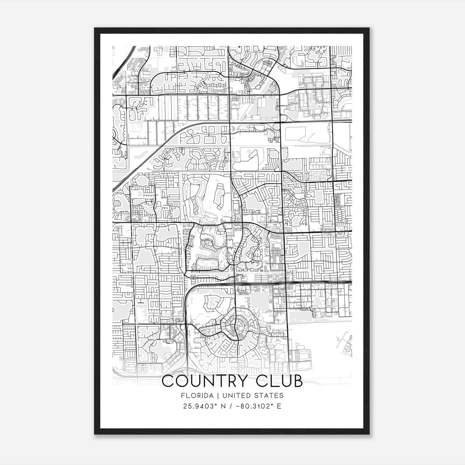 Country Club Florida Map Poster, Modern Home Decor Wall Art Print