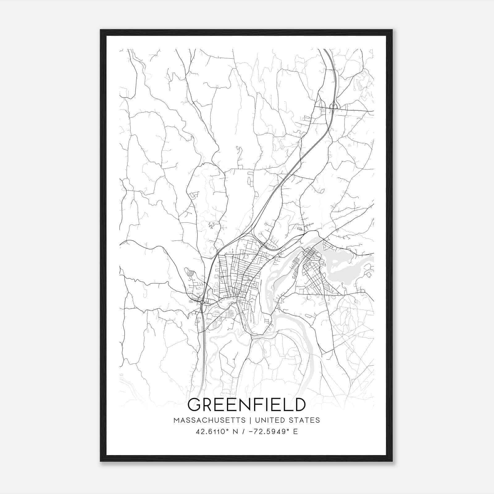 Greenfield Massachusetts Map Poster, Modern Home Decor Wall Art Print