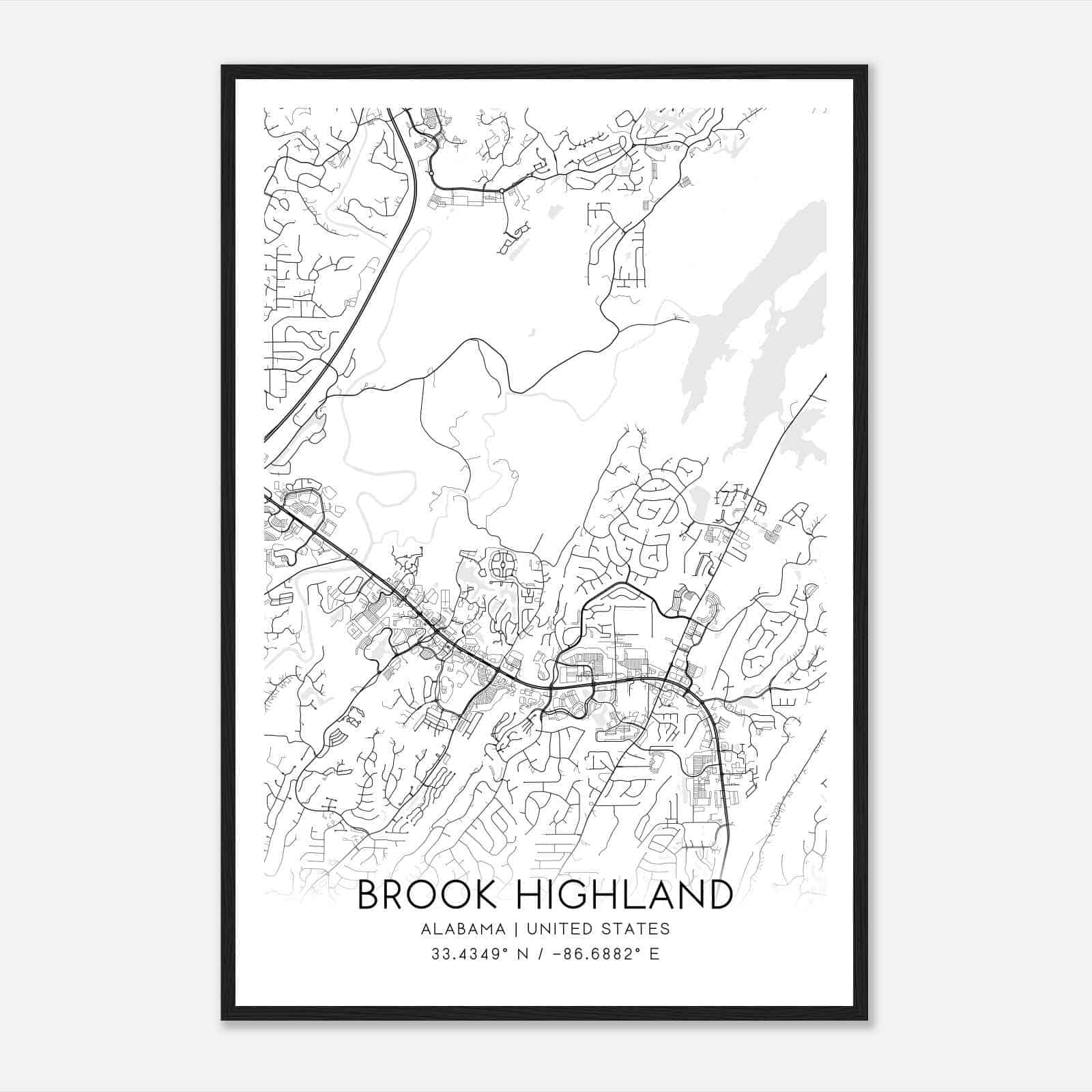 Brook Highland Alabama Map Poster, Modern Home Decor Wall Art Print