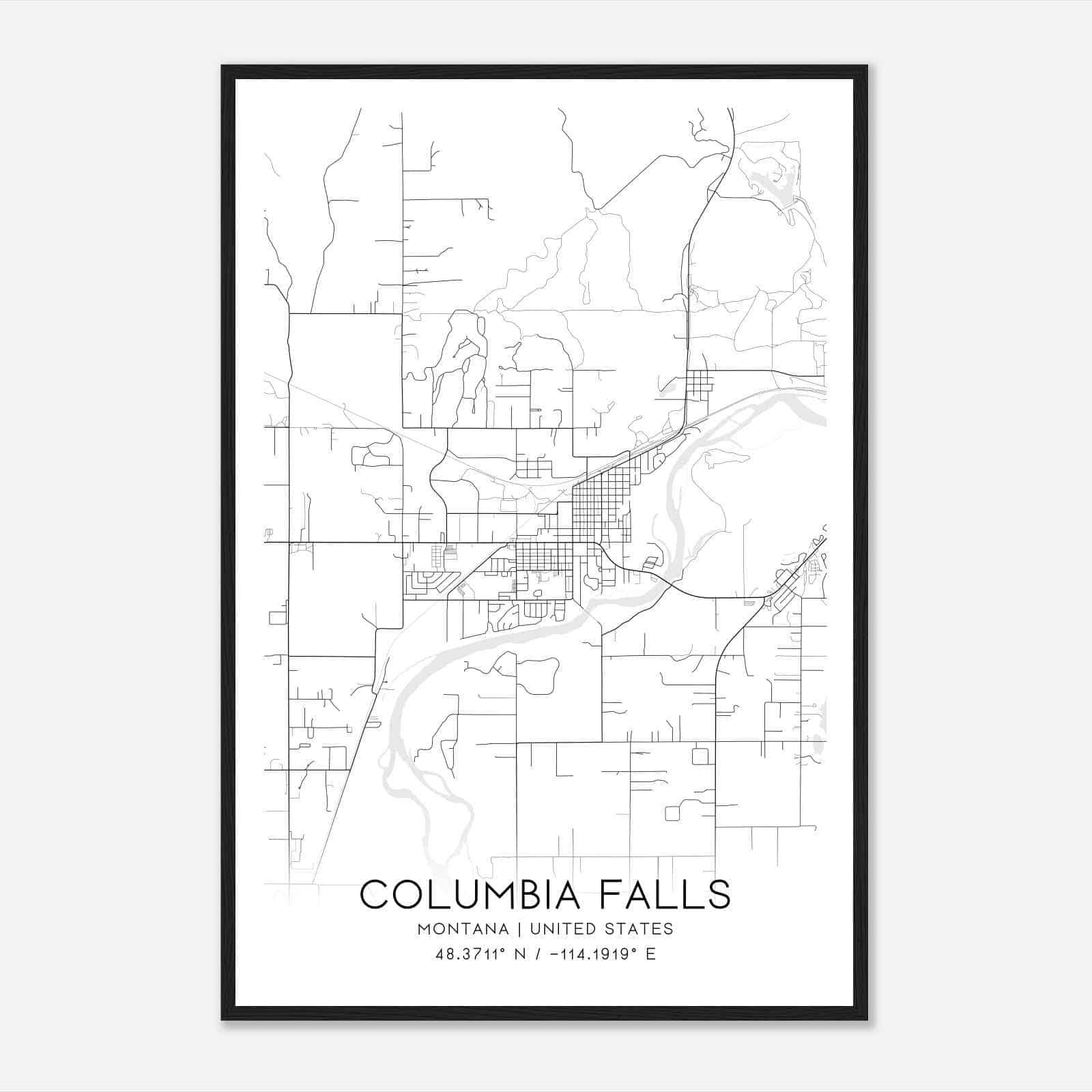 Columbia Falls Montana Map Poster, Modern Home Decor Wall Art Print