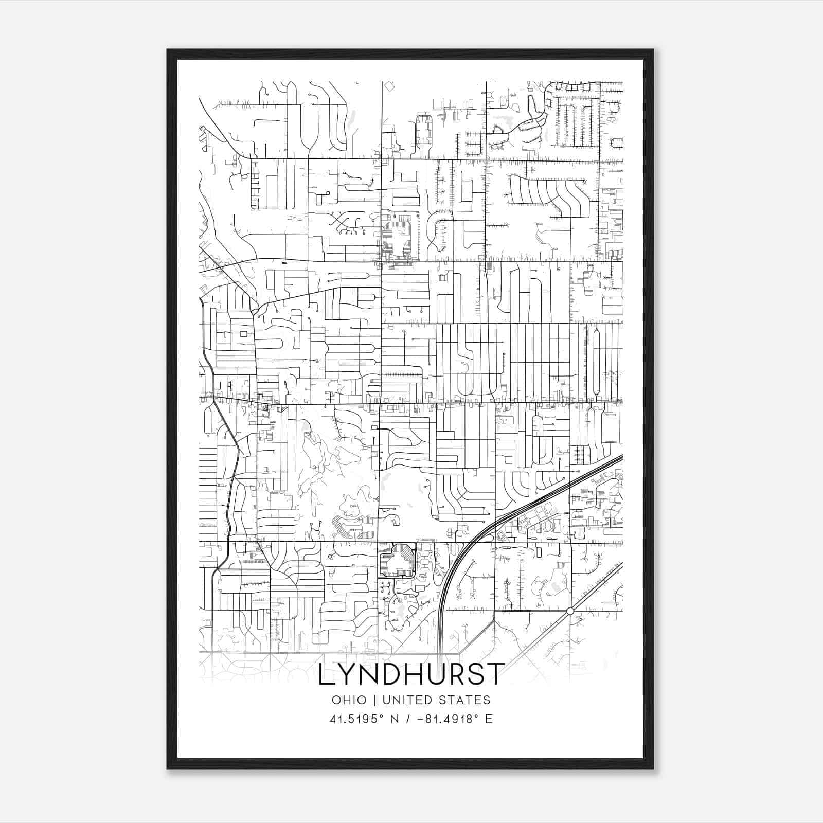 Lyndhurst Ohio Map Poster, Modern Home Decor Wall Art Print