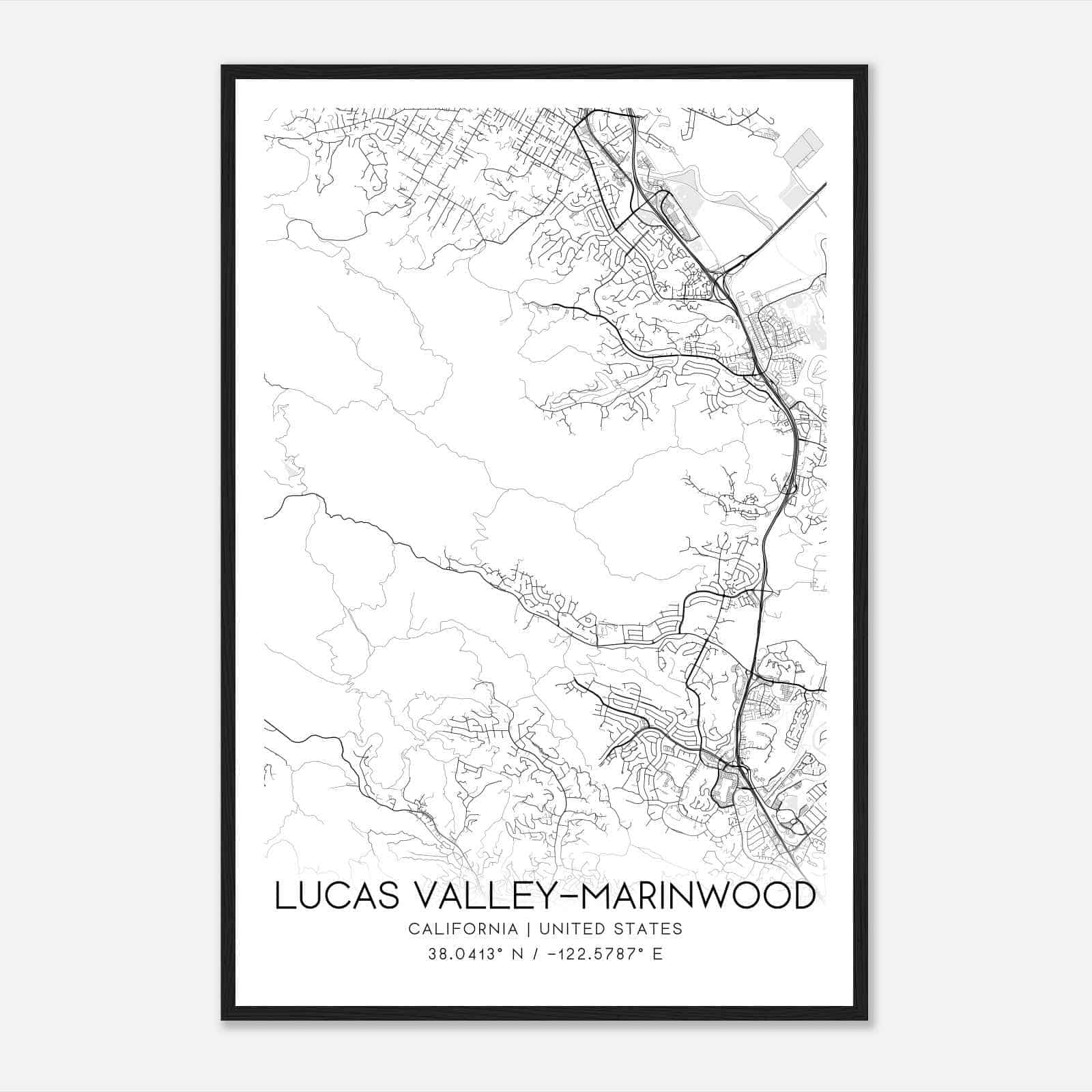 Lucas Valley-Marinwood California Map Poster, Modern Home Decor Wall Art Print
