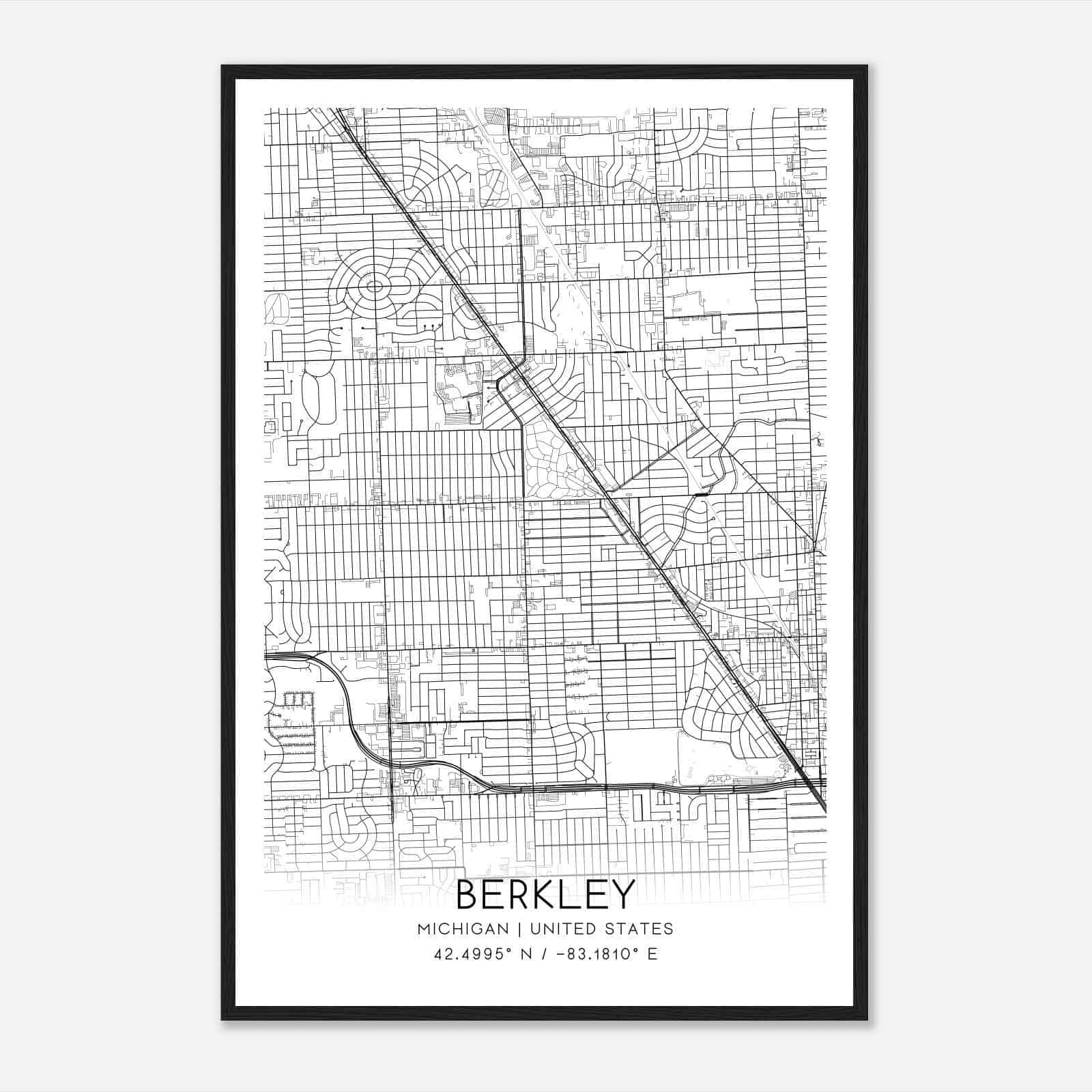Berkley Michigan Map Poster, Modern Home Decor Wall Art Print