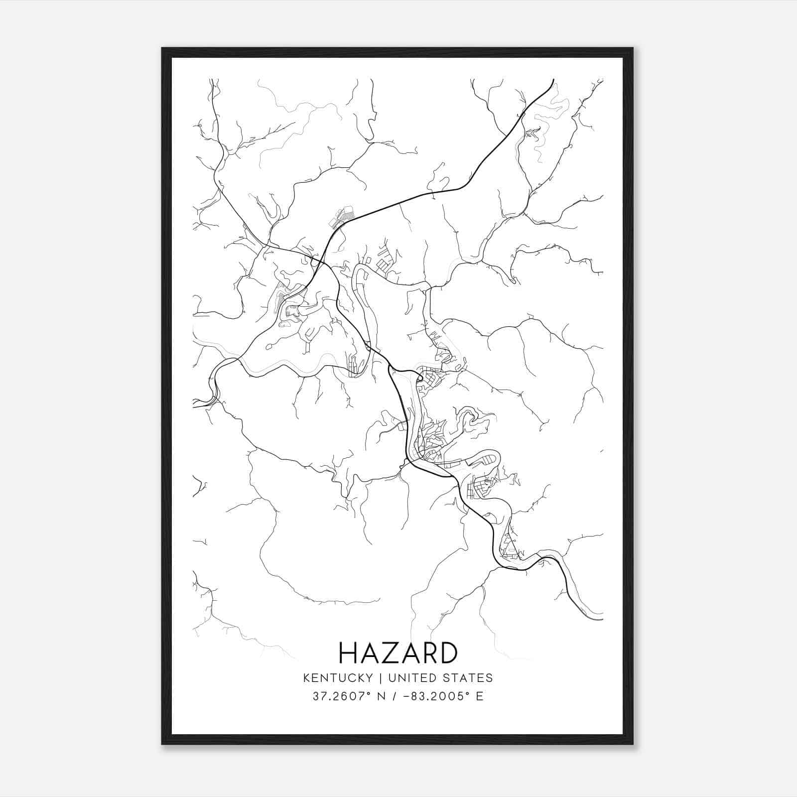Hazard Kentucky Map Poster, Modern Home Decor Wall Art Print