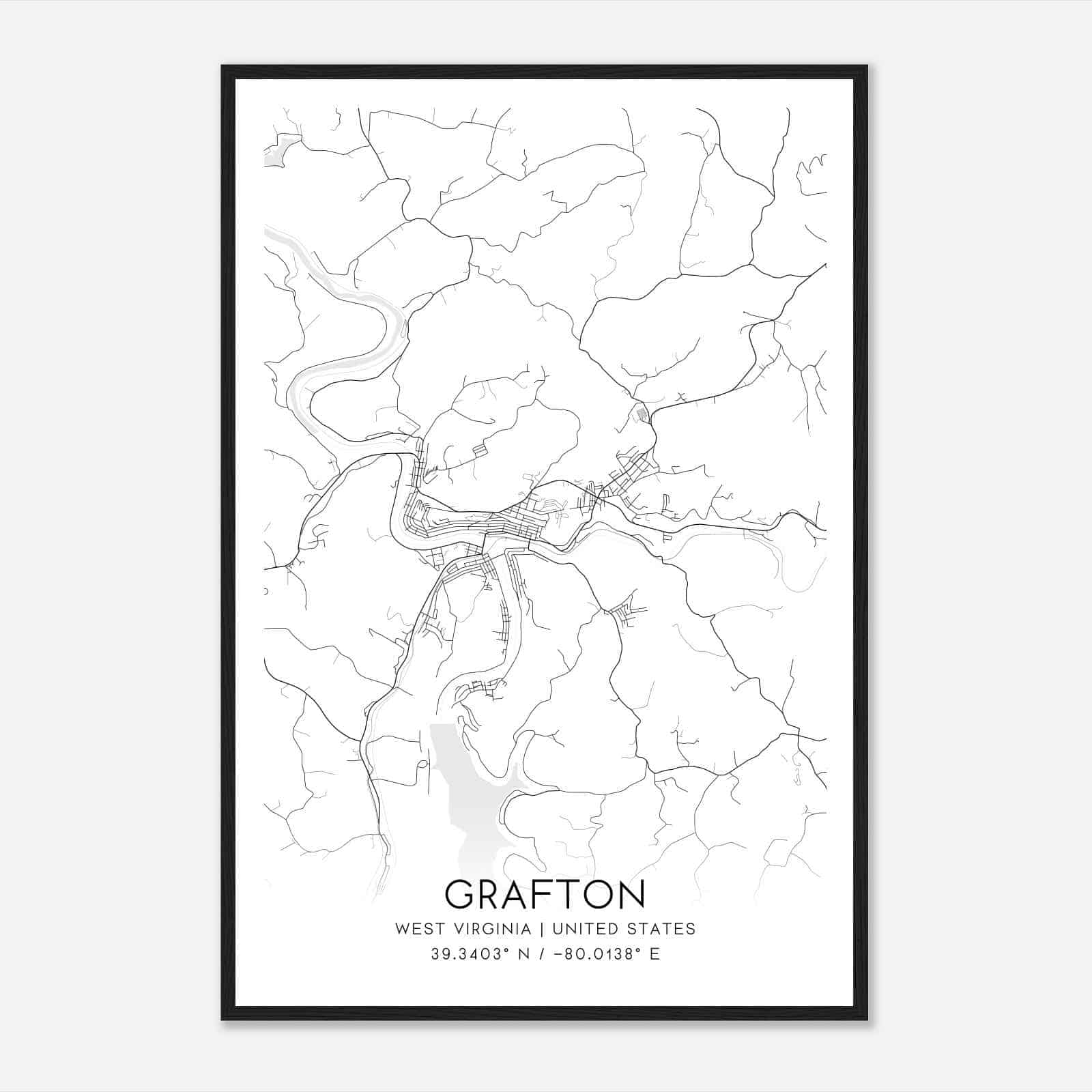 Grafton West Virginia Map Poster, Modern Home Decor Wall Art Print