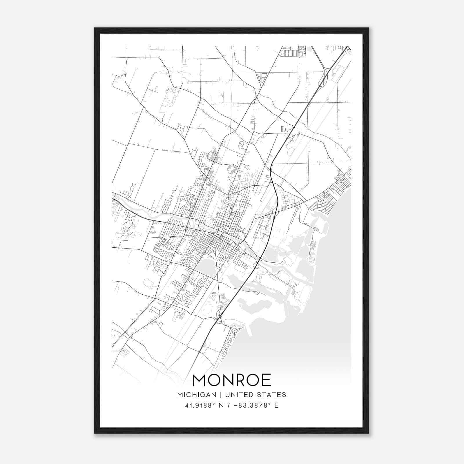 Monroe Michigan Map Poster, Modern Home Decor Wall Art Print