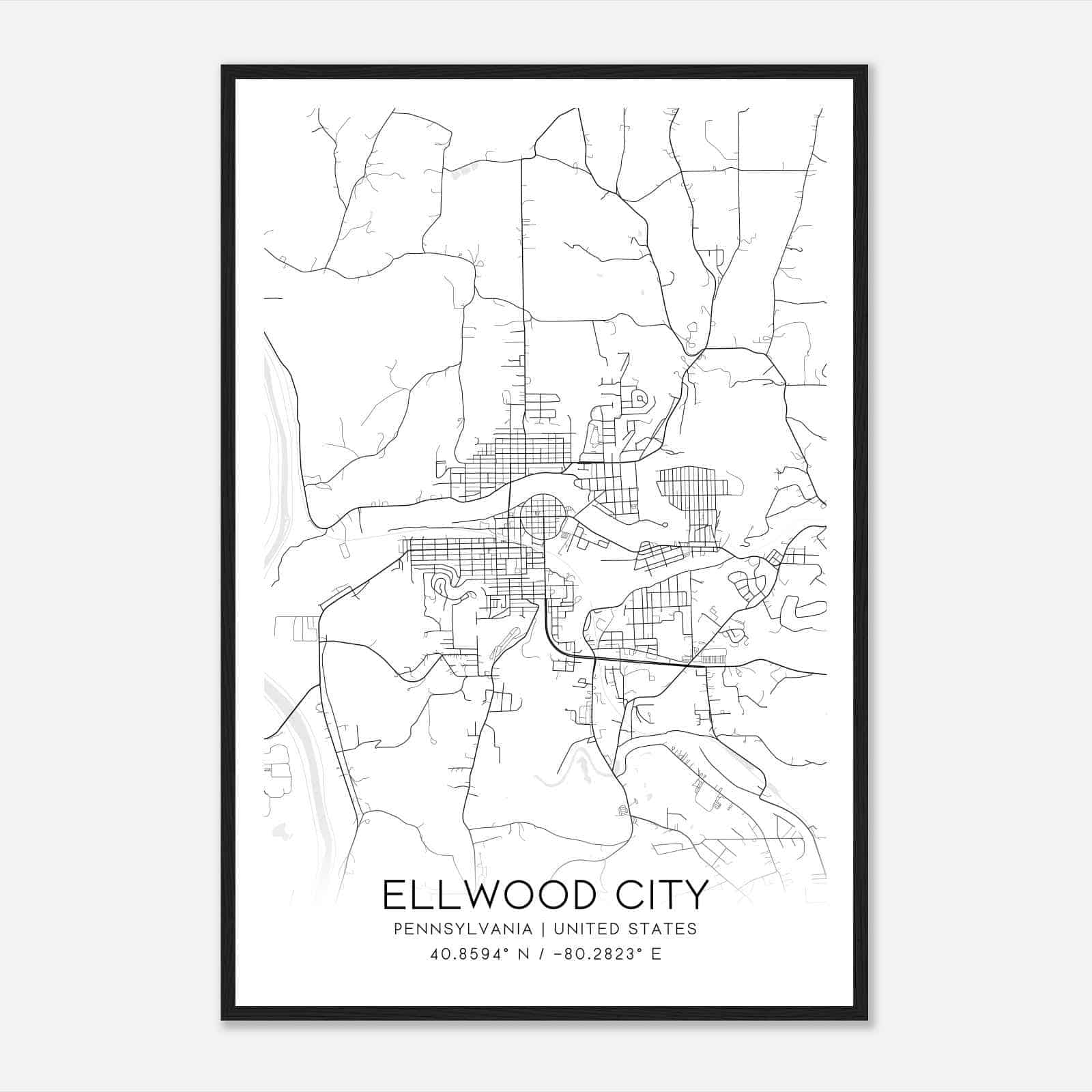 Ellwood City Pennsylvania Map Poster, Modern Home Decor Wall Art Print