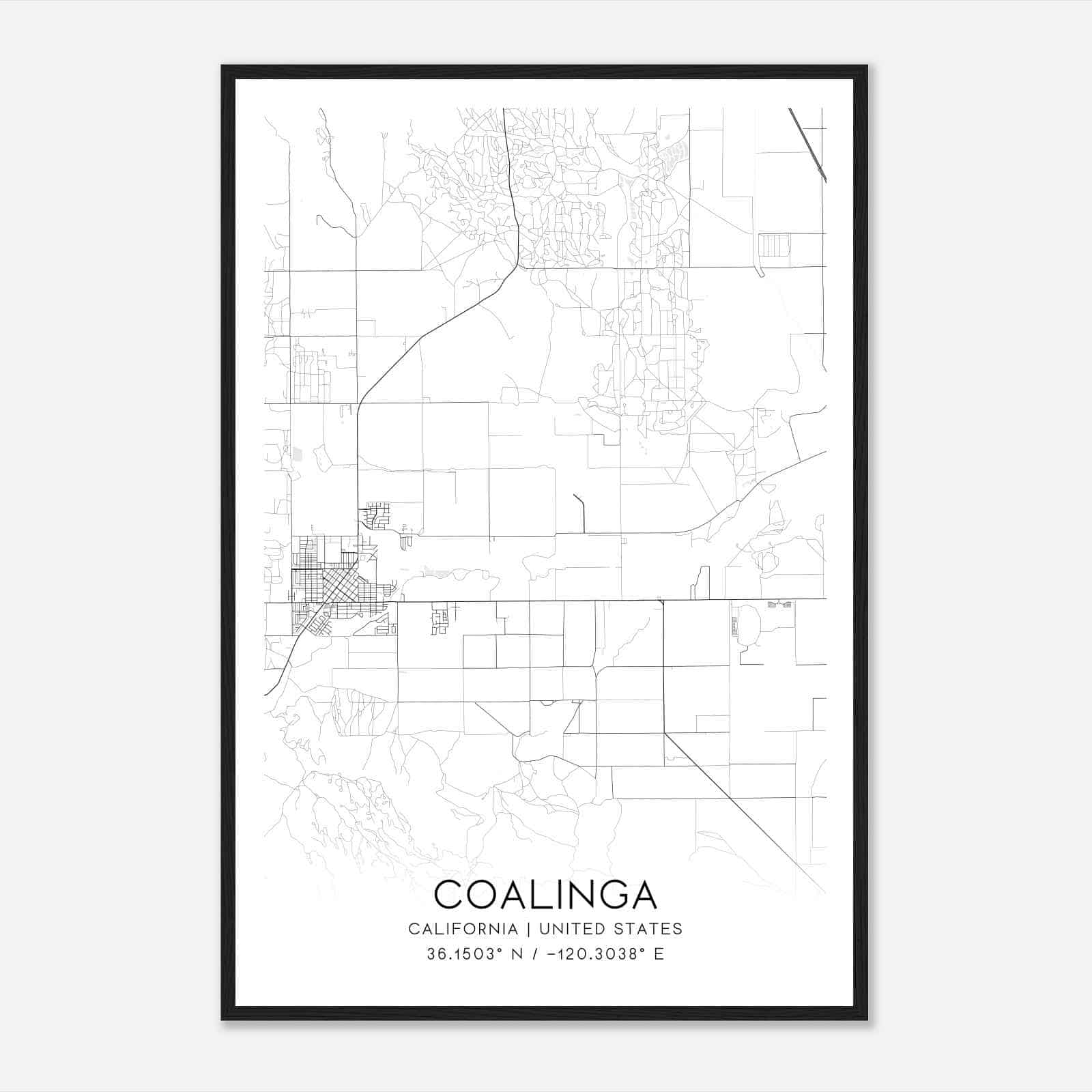 Coalinga California Map Poster, Modern Home Decor Wall Art Print