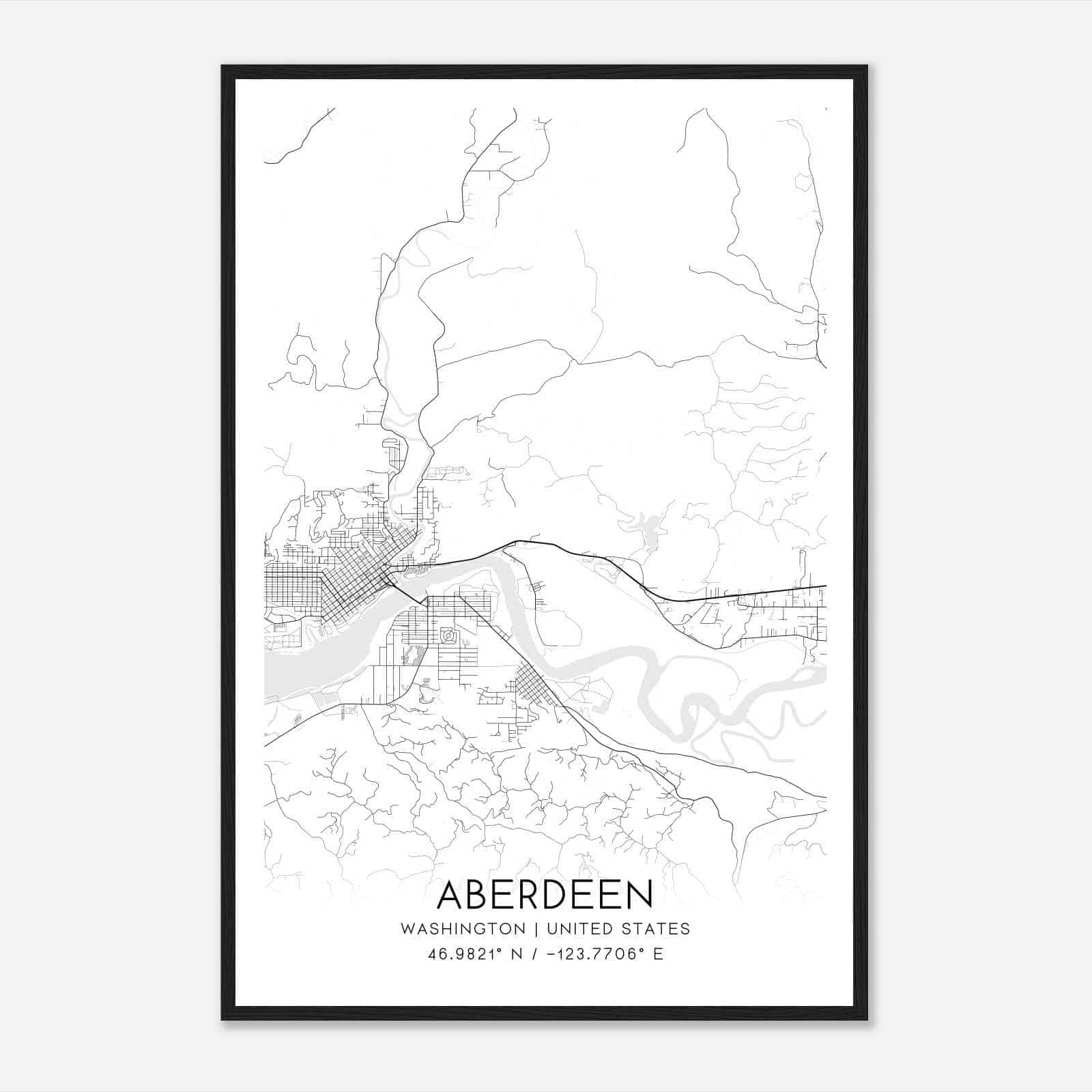 Aberdeen Washington Map Poster, Modern Home Decor Wall Art Print