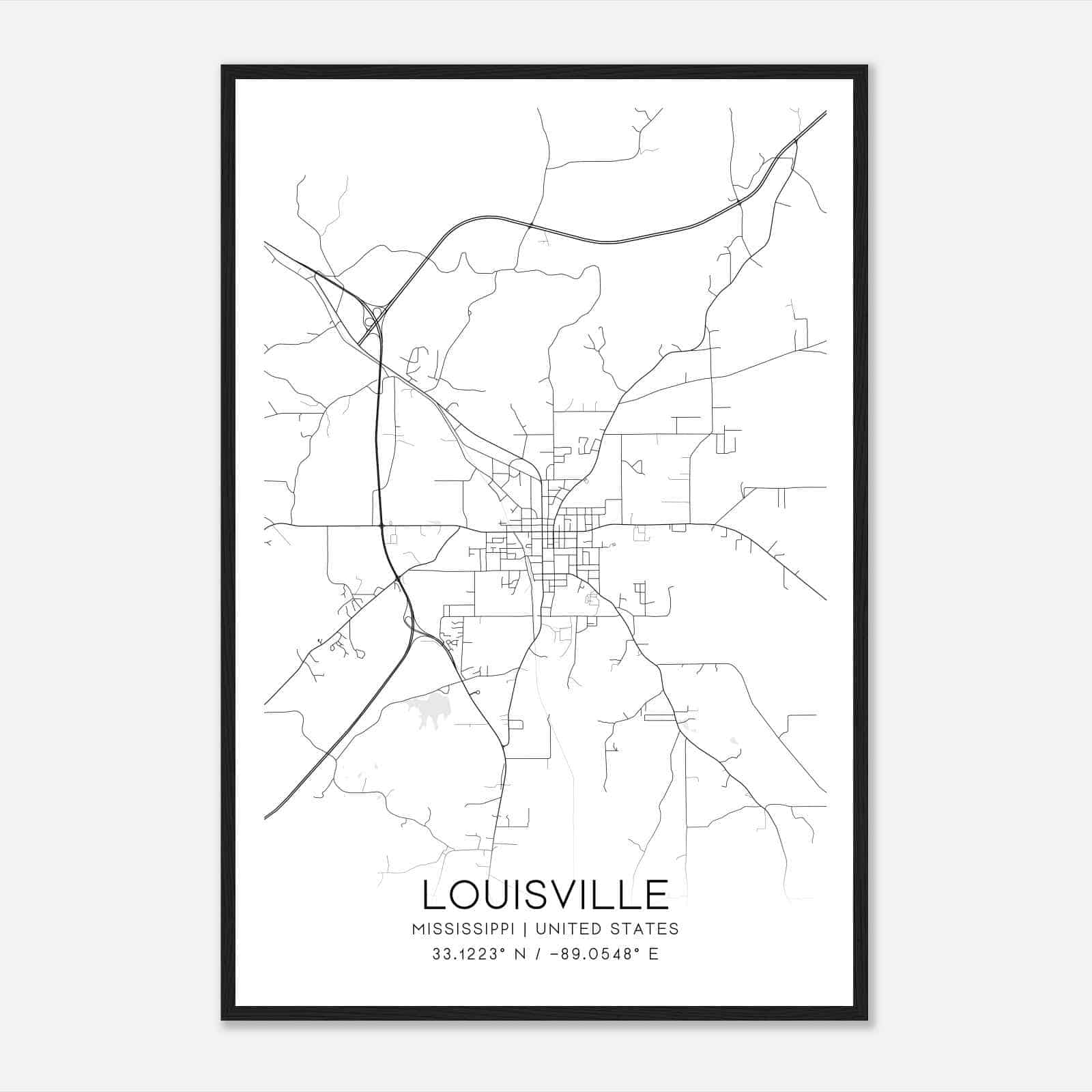 Louisville Mississippi Map Poster, Modern Home Decor Wall Art Print