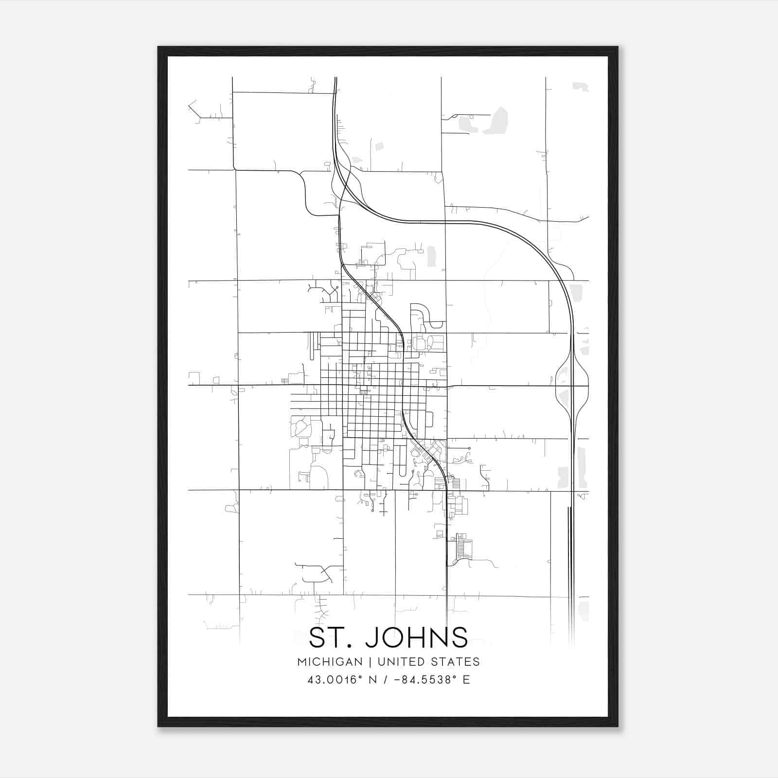 St. Johns Michigan Map Poster, Modern Home Decor Wall Art Print