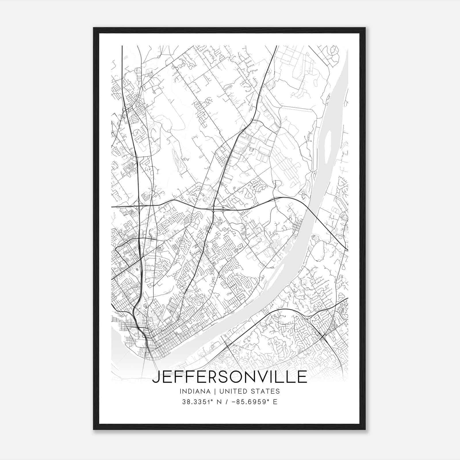 Jeffersonville Indiana Map Poster, Modern Home Decor Wall Art Print
