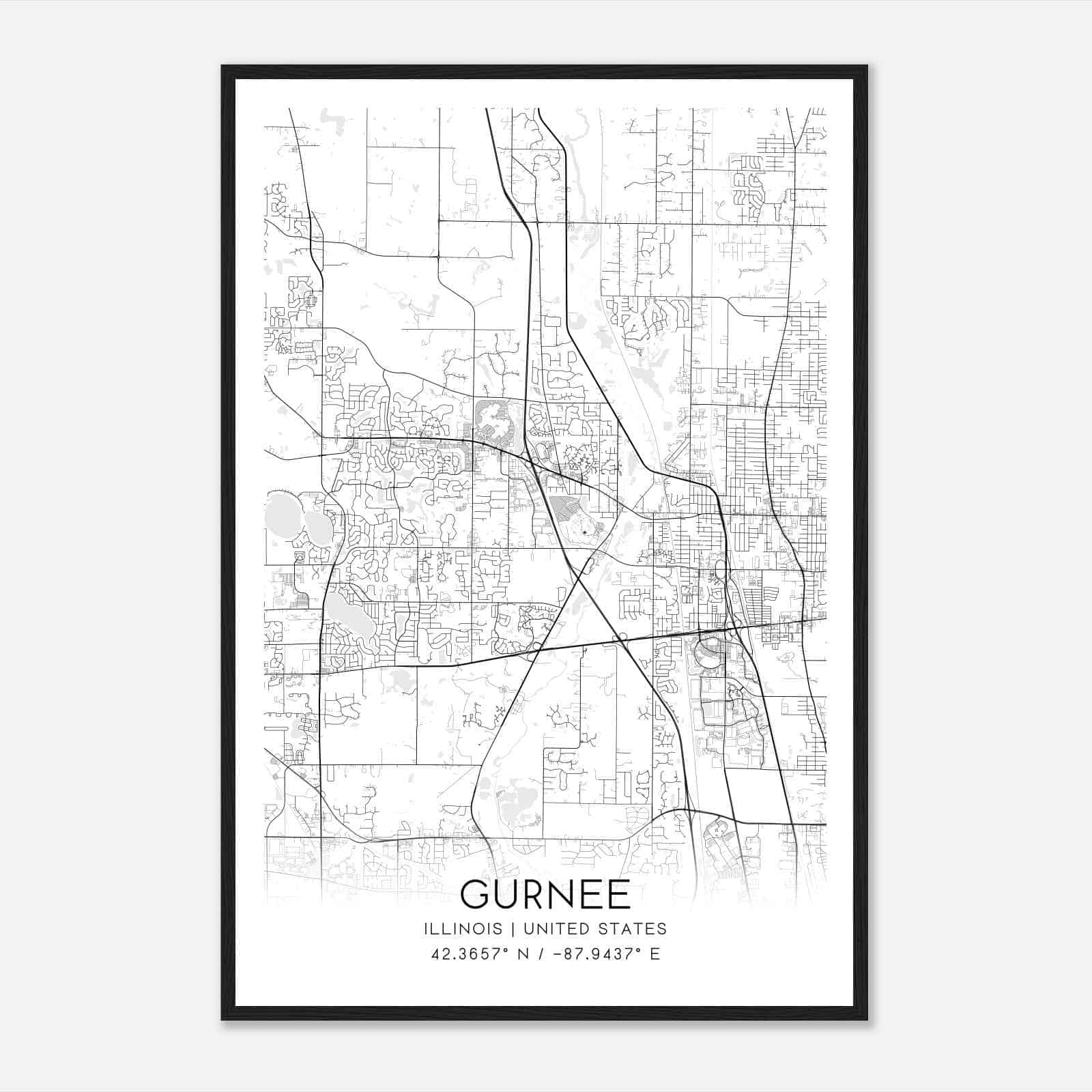 Gurnee Illinois Map Poster, Modern Home Decor Wall Art Print