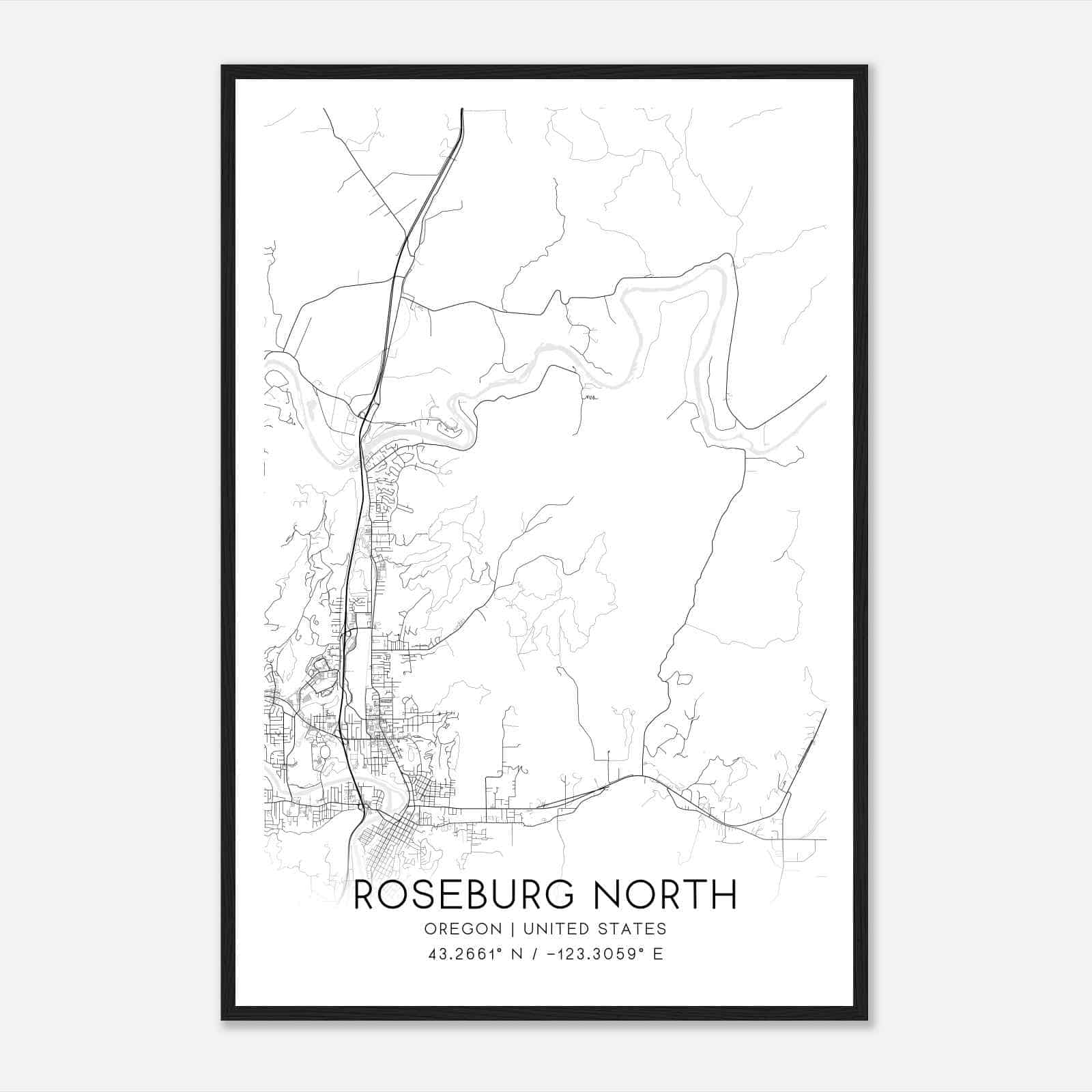 Roseburg North Oregon Map Poster, Modern Home Decor Wall Art Print