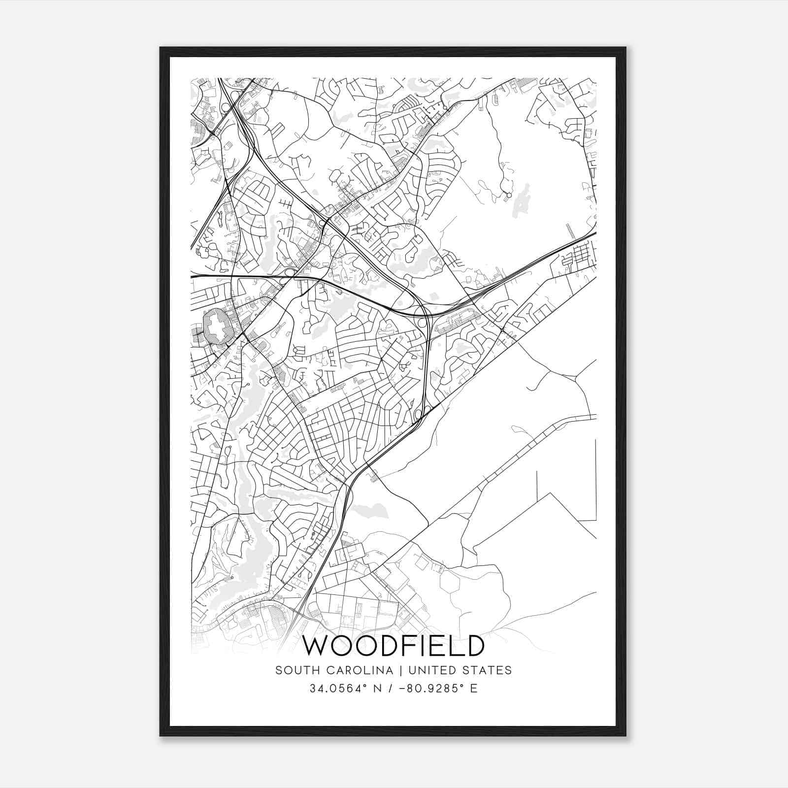 Woodfield South Carolina Map Poster, Modern Home Decor Wall Art Print