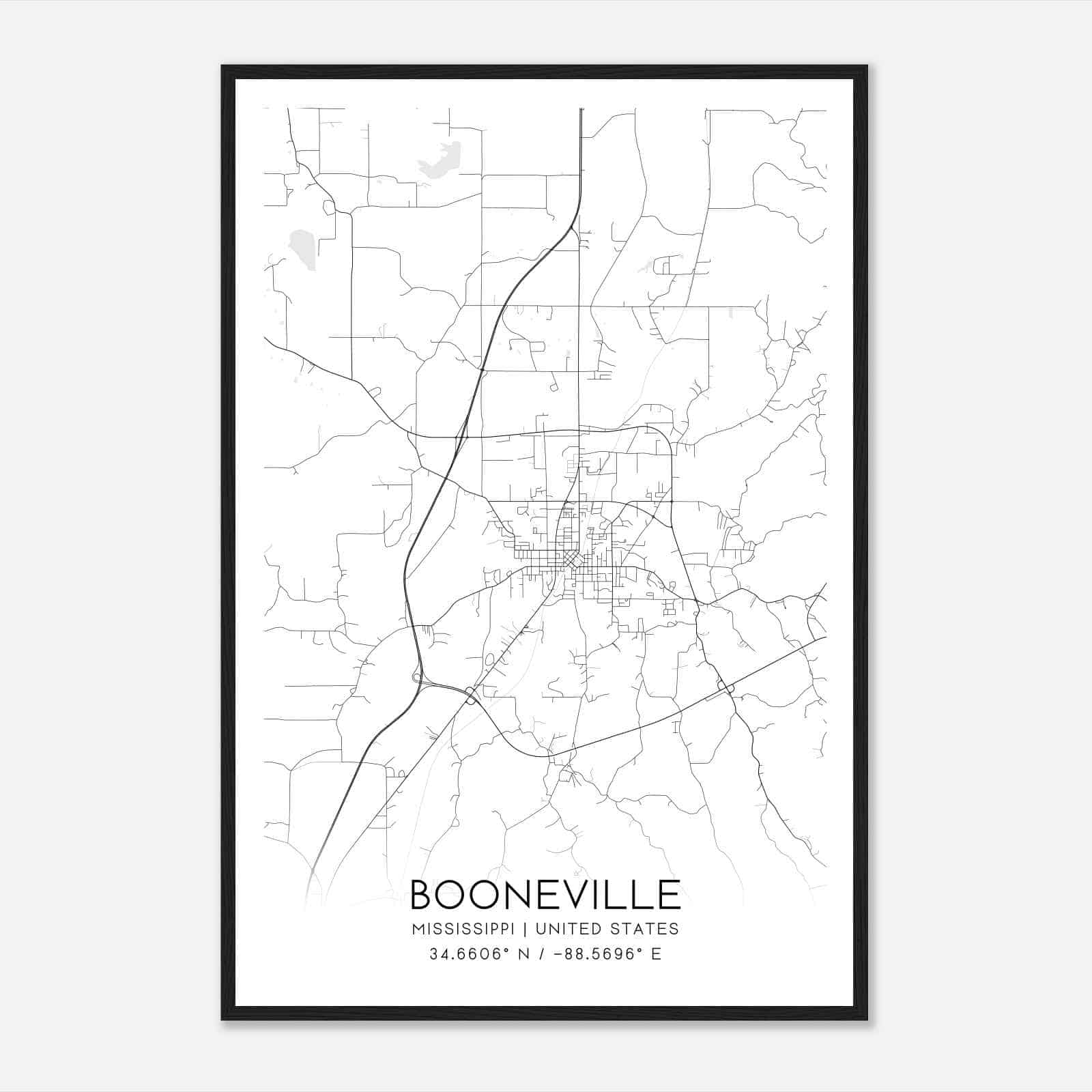 Booneville Mississippi Map Poster, Modern Home Decor Wall Art Print