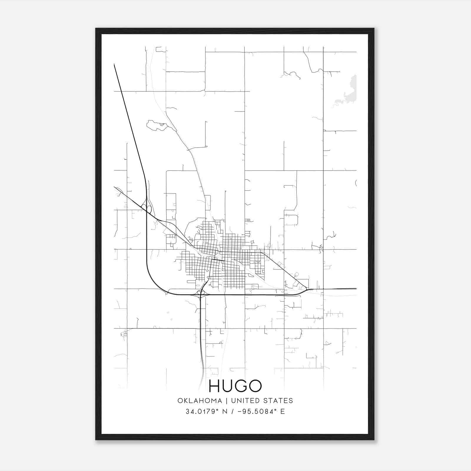 Hugo Oklahoma Map Poster, Modern Home Decor Wall Art Print