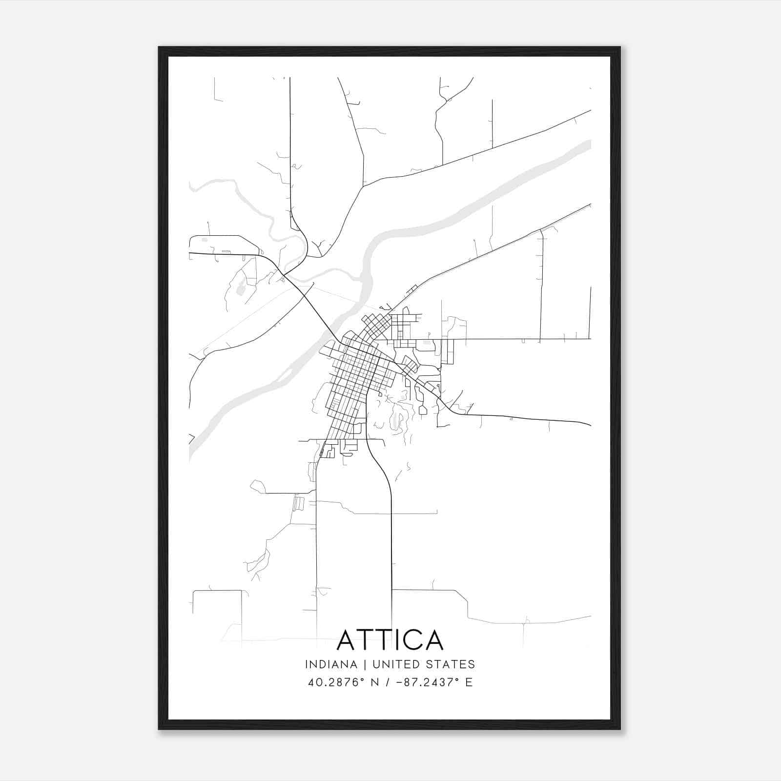 Attica Indiana Map Poster, Modern Home Decor Wall Art Print