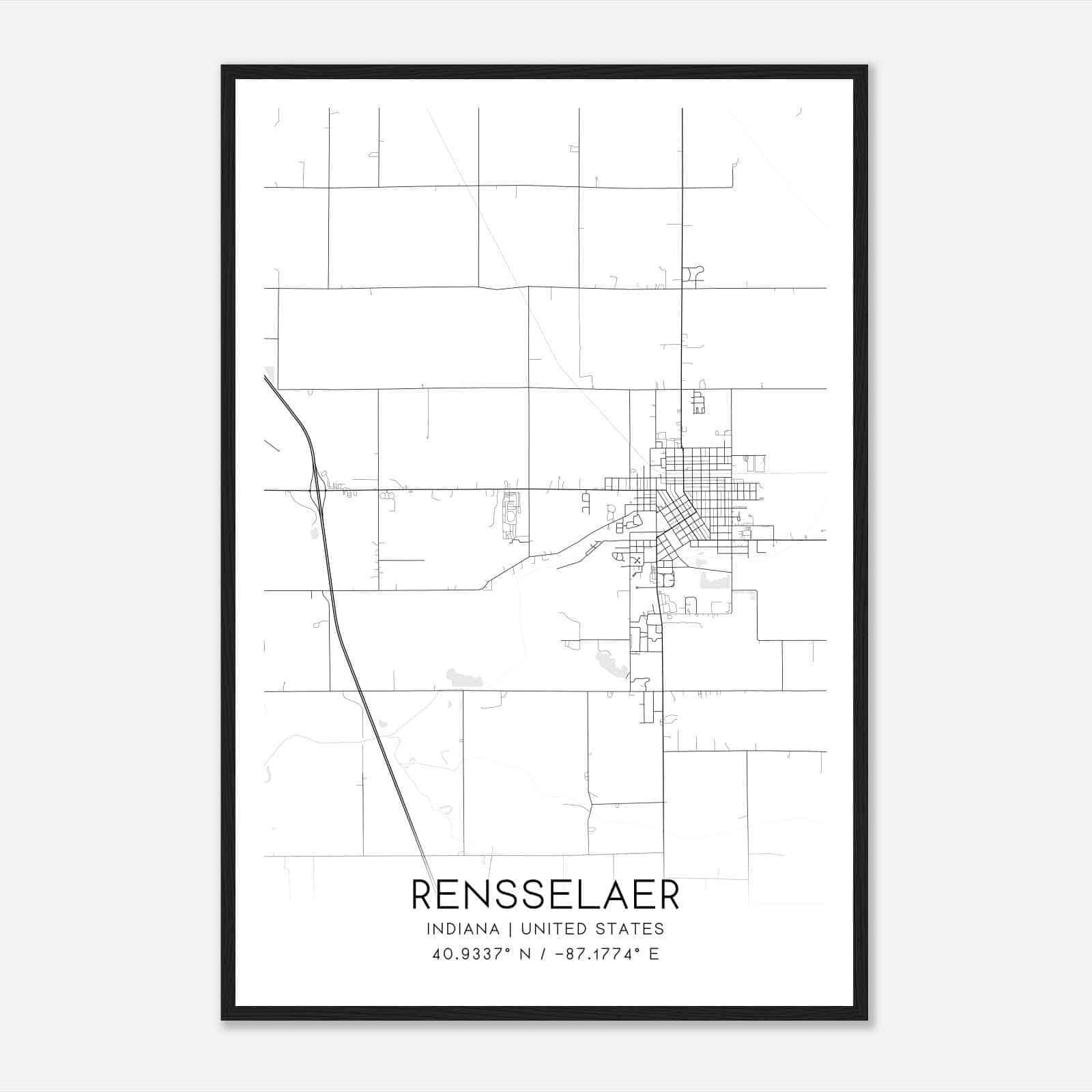 Rensselaer Indiana Map Poster, Modern Home Decor Wall Art Print