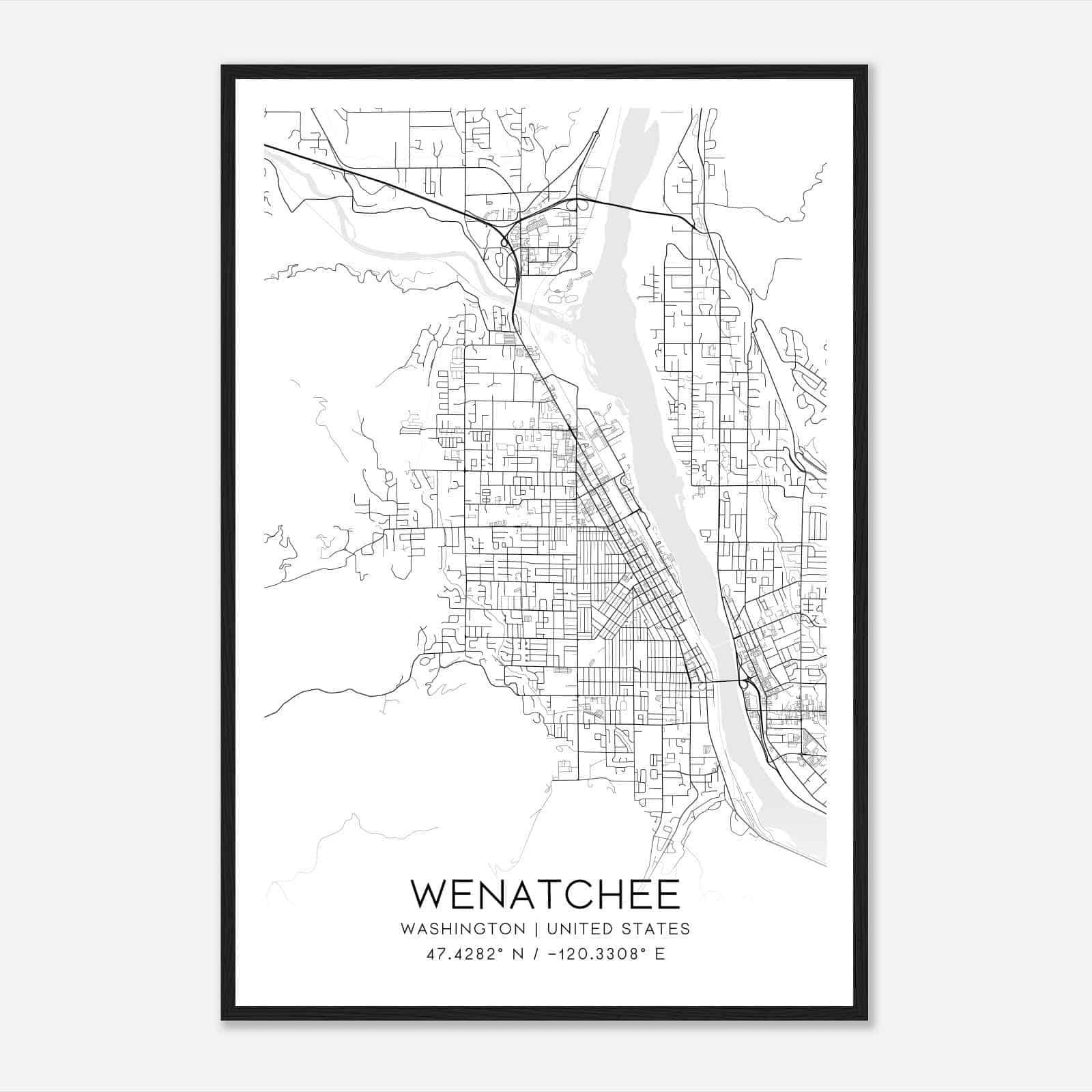 Wenatchee Washington Map Poster, Modern Home Decor Wall Art Print