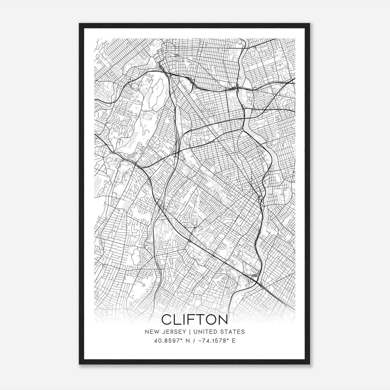 Clifton New Jersey Map Poster, Modern Home Decor Wall Art Print