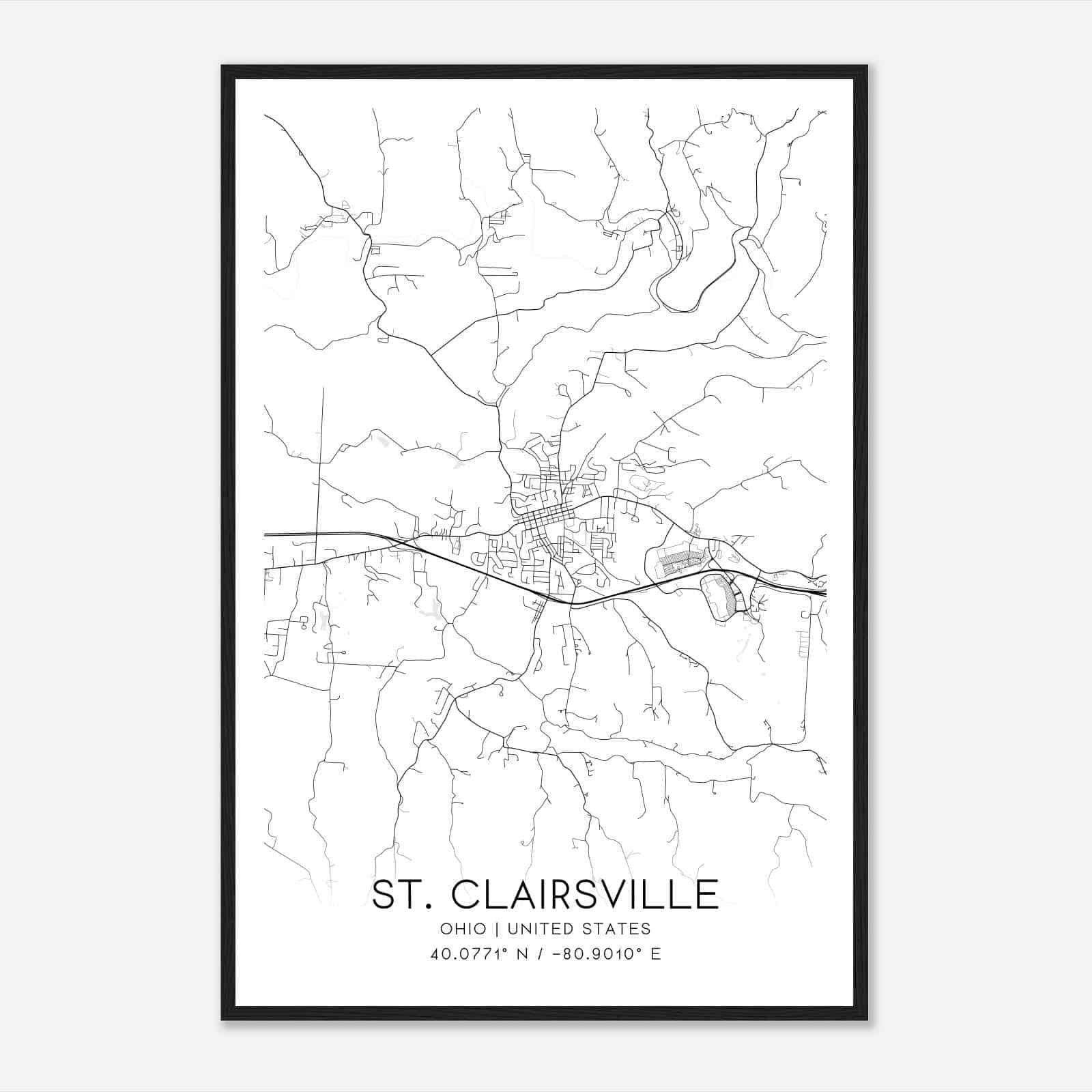 St. Clairsville Ohio Map Poster, Modern Home Decor Wall Art Print