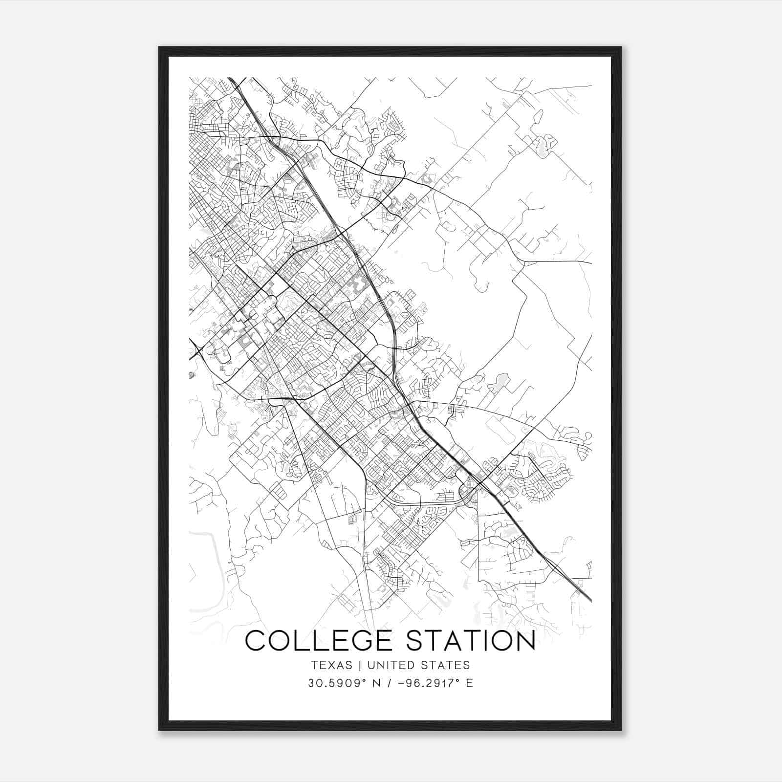 College Station Texas Map Poster, Modern Home Decor Wall Art Print