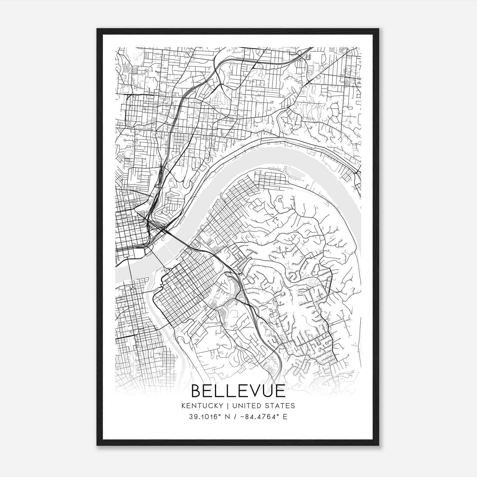 Bellevue Kentucky Map Poster, Modern Home Decor Wall Art Print