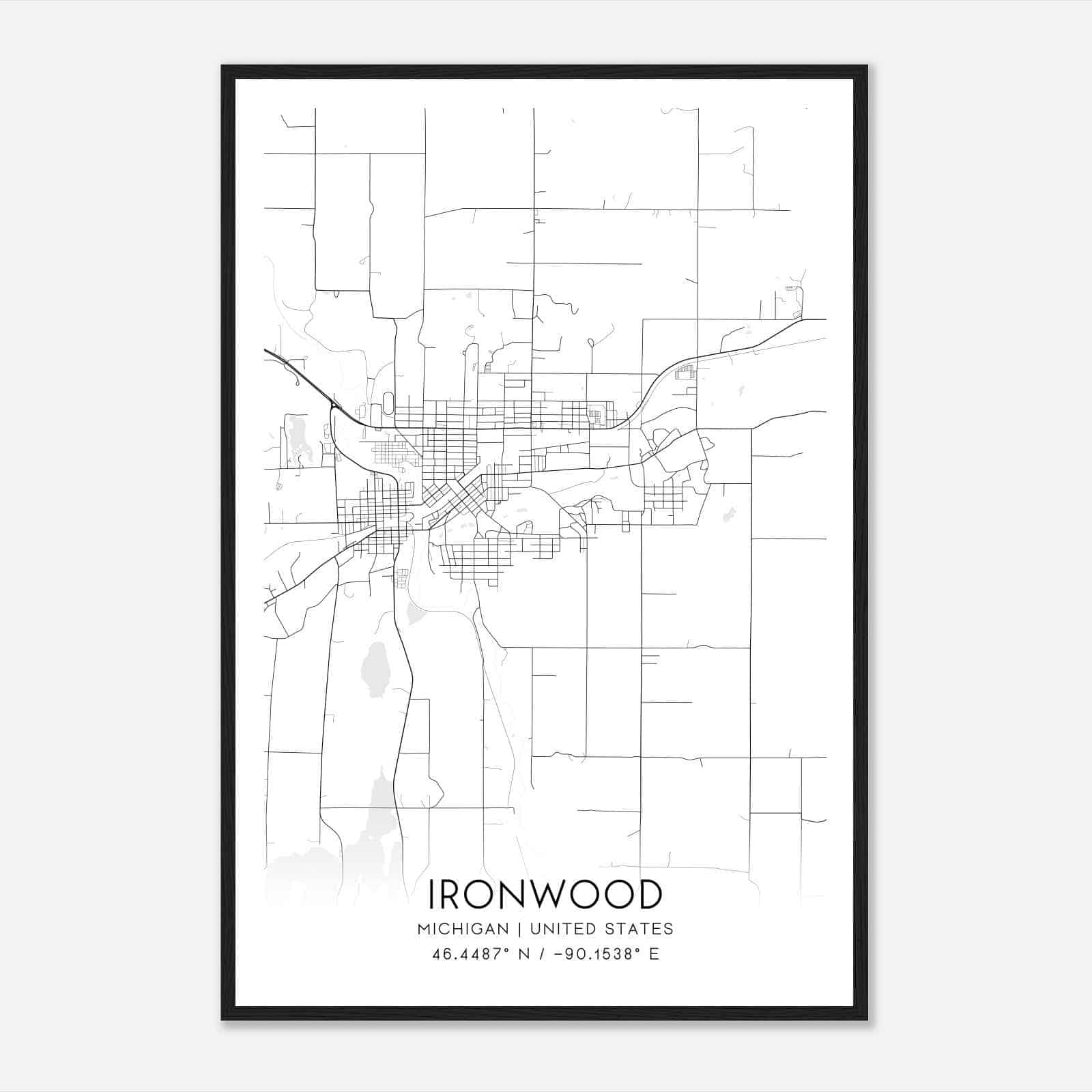 Ironwood Michigan Map Poster, Modern Home Decor Wall Art Print