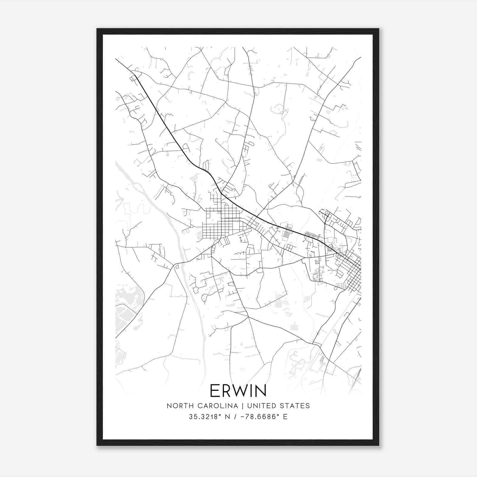 Erwin North Carolina Map Poster, Modern Home Decor Wall Art Print