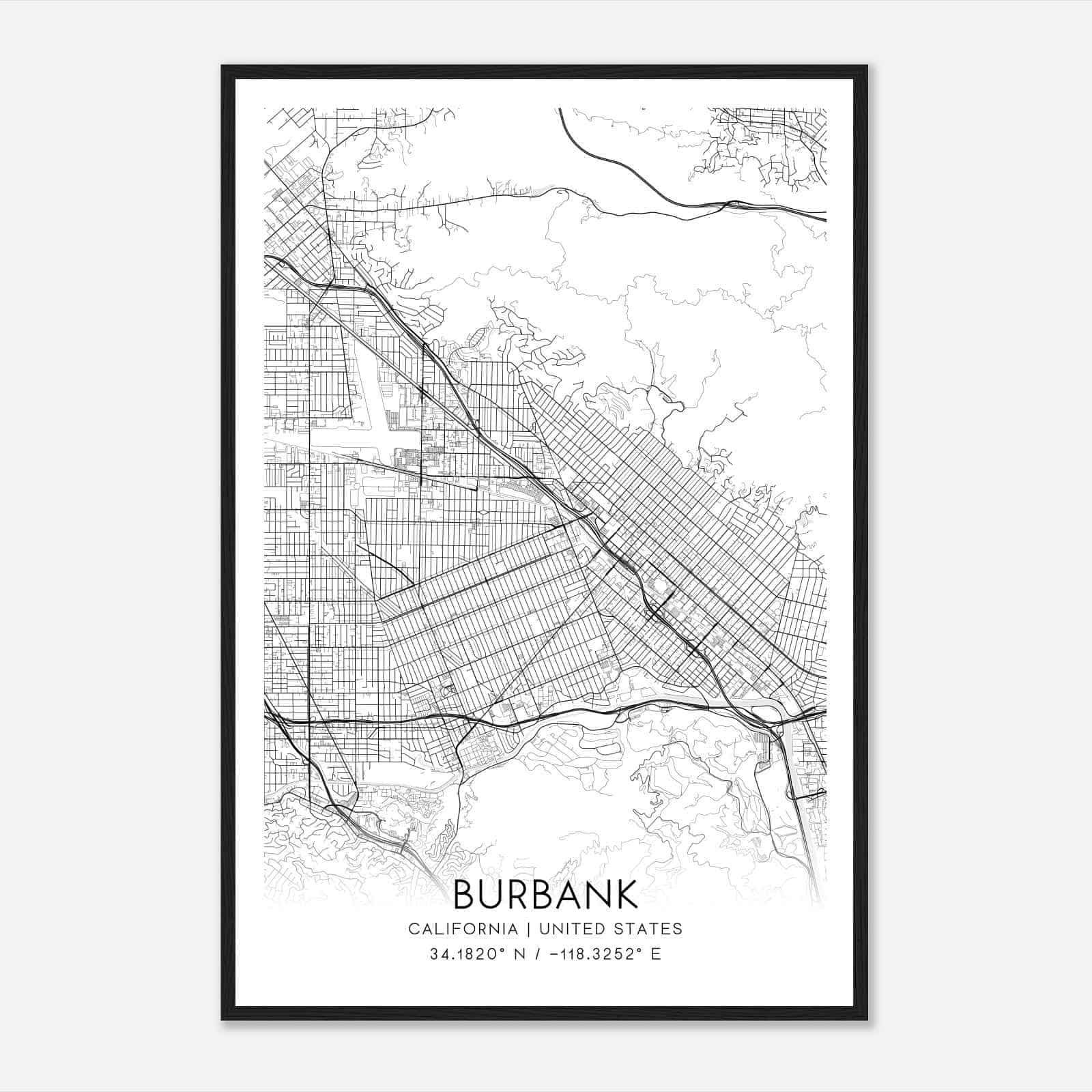 Burbank California Map Poster, Modern Home Decor Wall Art Print