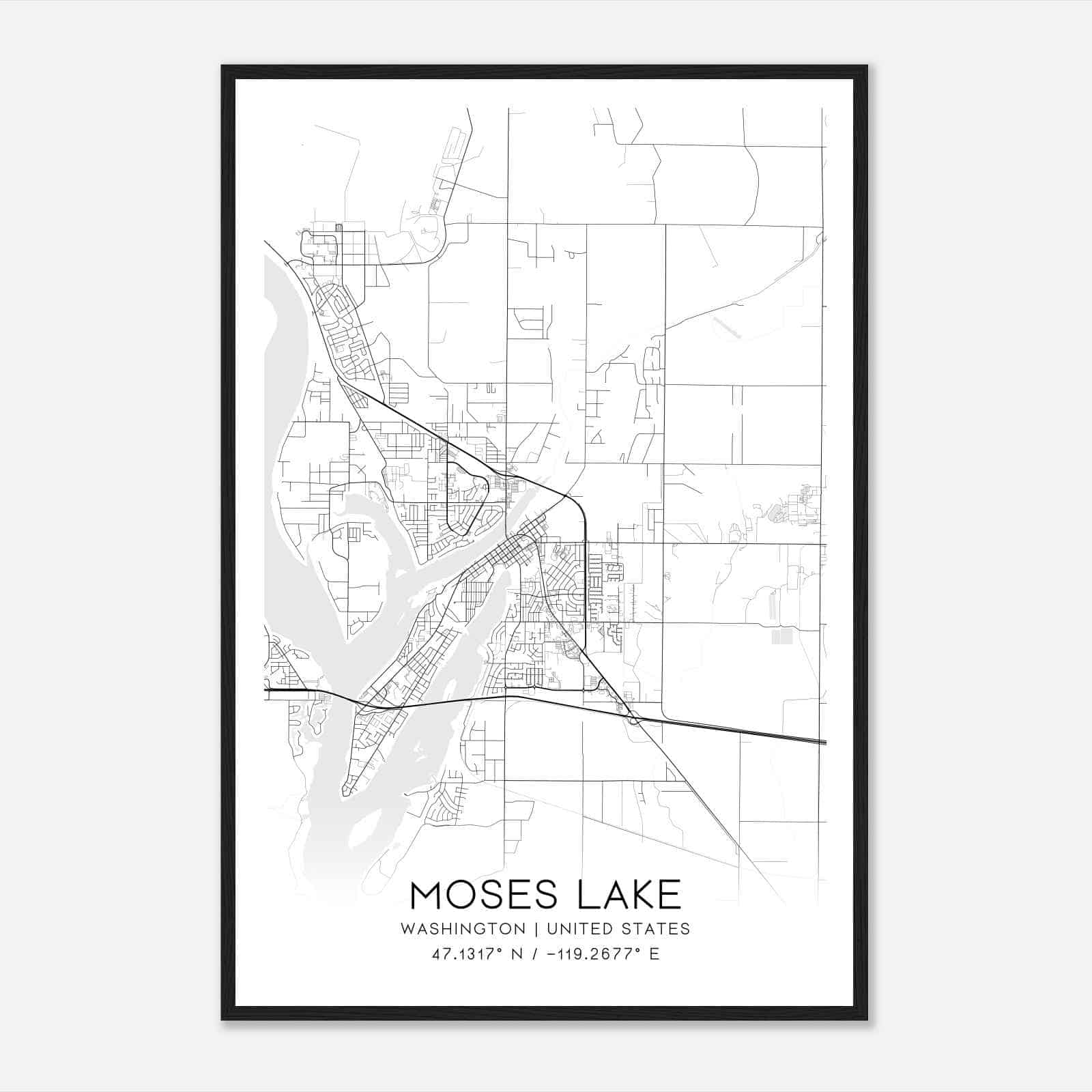 Moses Lake Washington Map Poster, Modern Home Decor Wall Art Print
