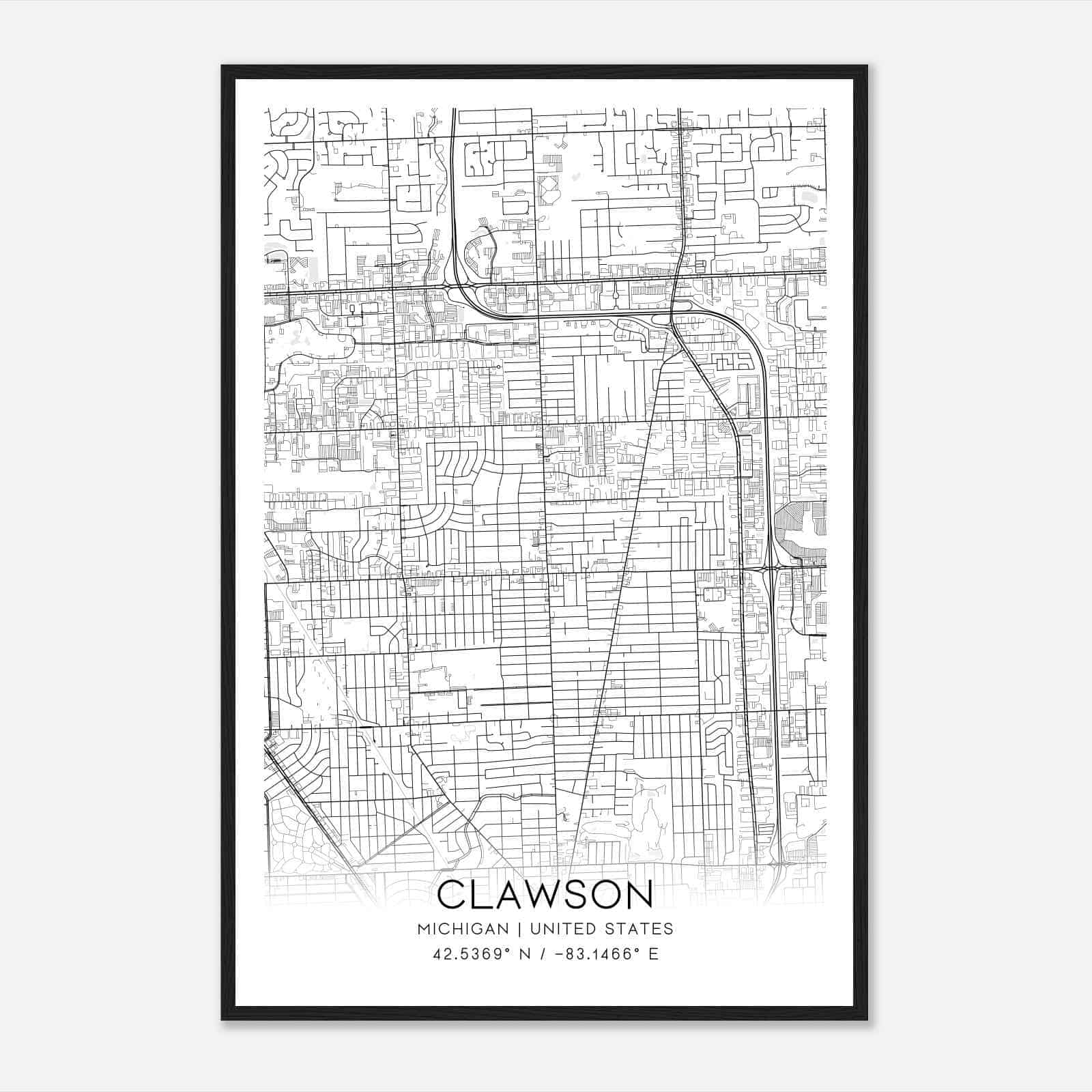 Clawson Michigan Map Poster, Modern Home Decor Wall Art Print