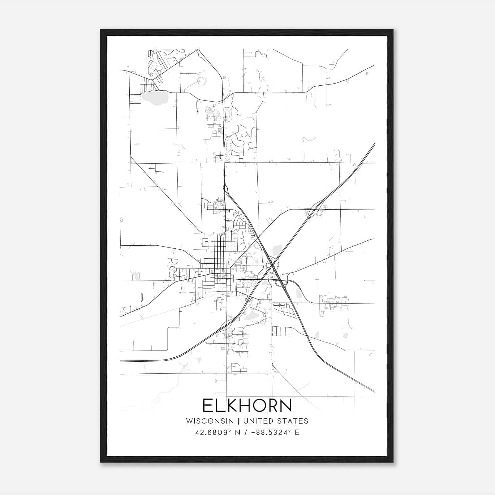 Elkhorn Wisconsin Map Poster, Modern Home Decor Wall Art Print