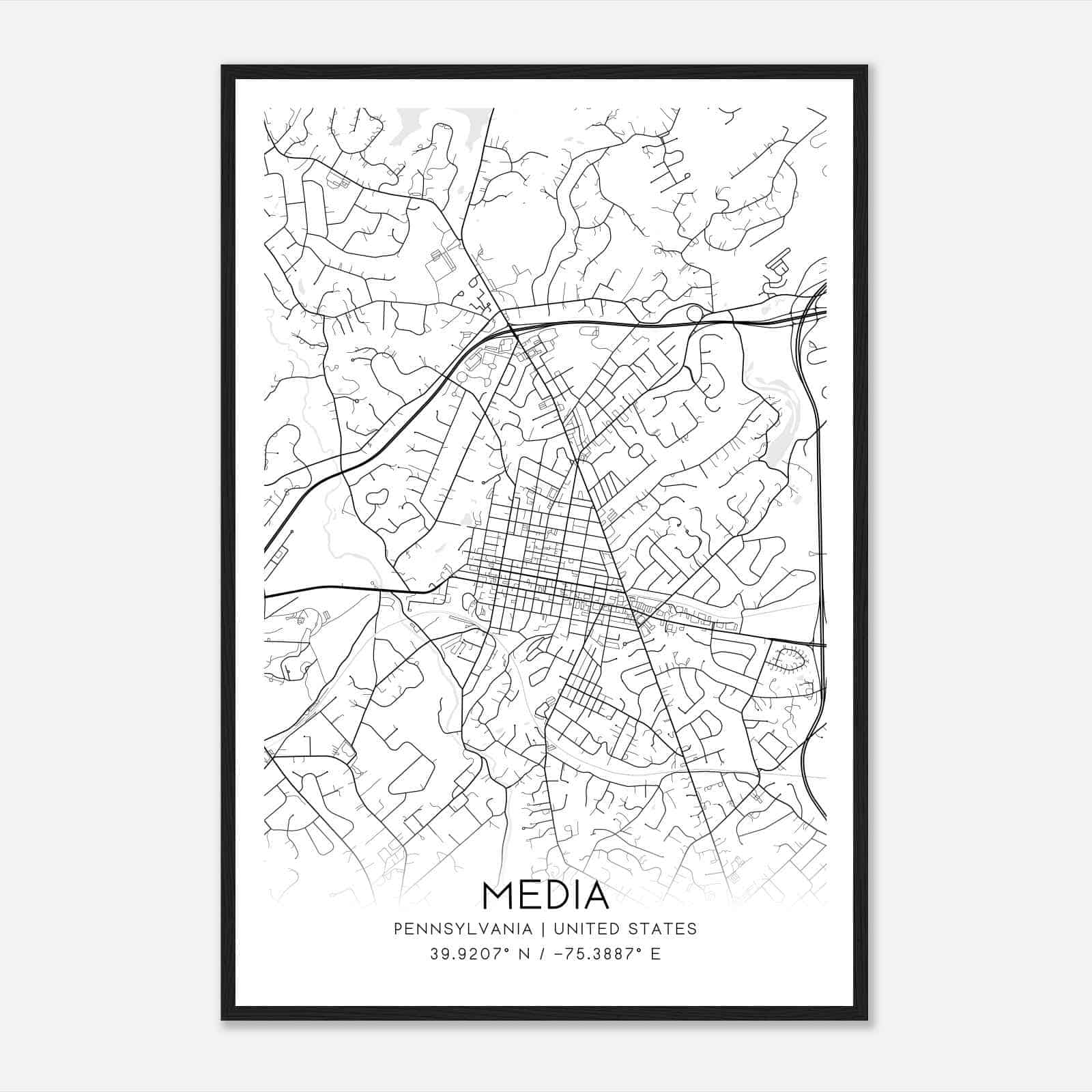 Media Pennsylvania Map Poster, Modern Home Decor Wall Art Print